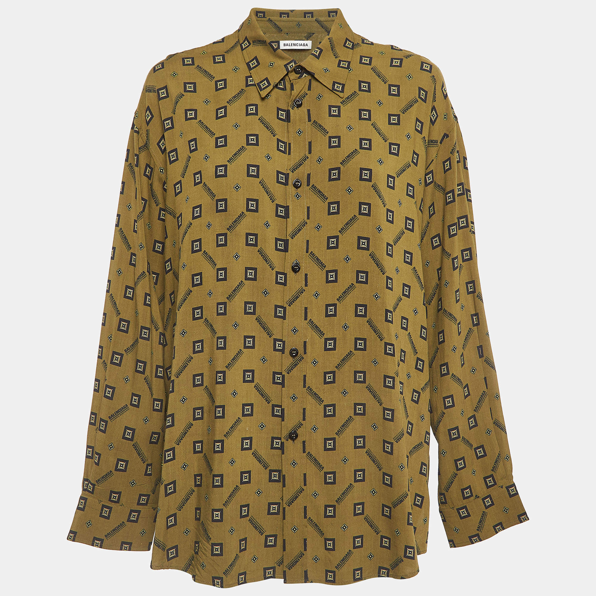 Pre Owned Balenciaga Green Geometric Print Crepe Long Sleeve Shirt M