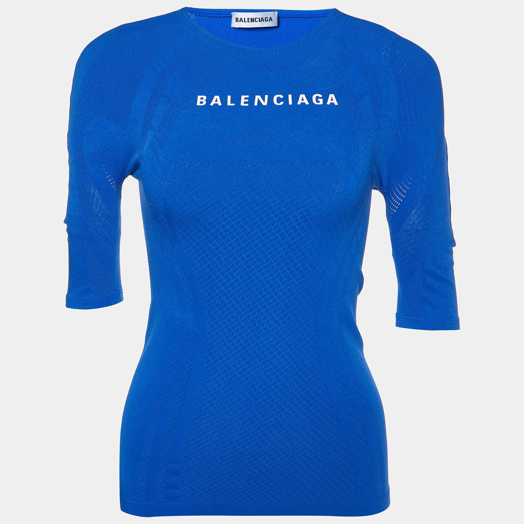 Pre Owned Balenciaga Blue Logo Print Jersey Athletic Top S