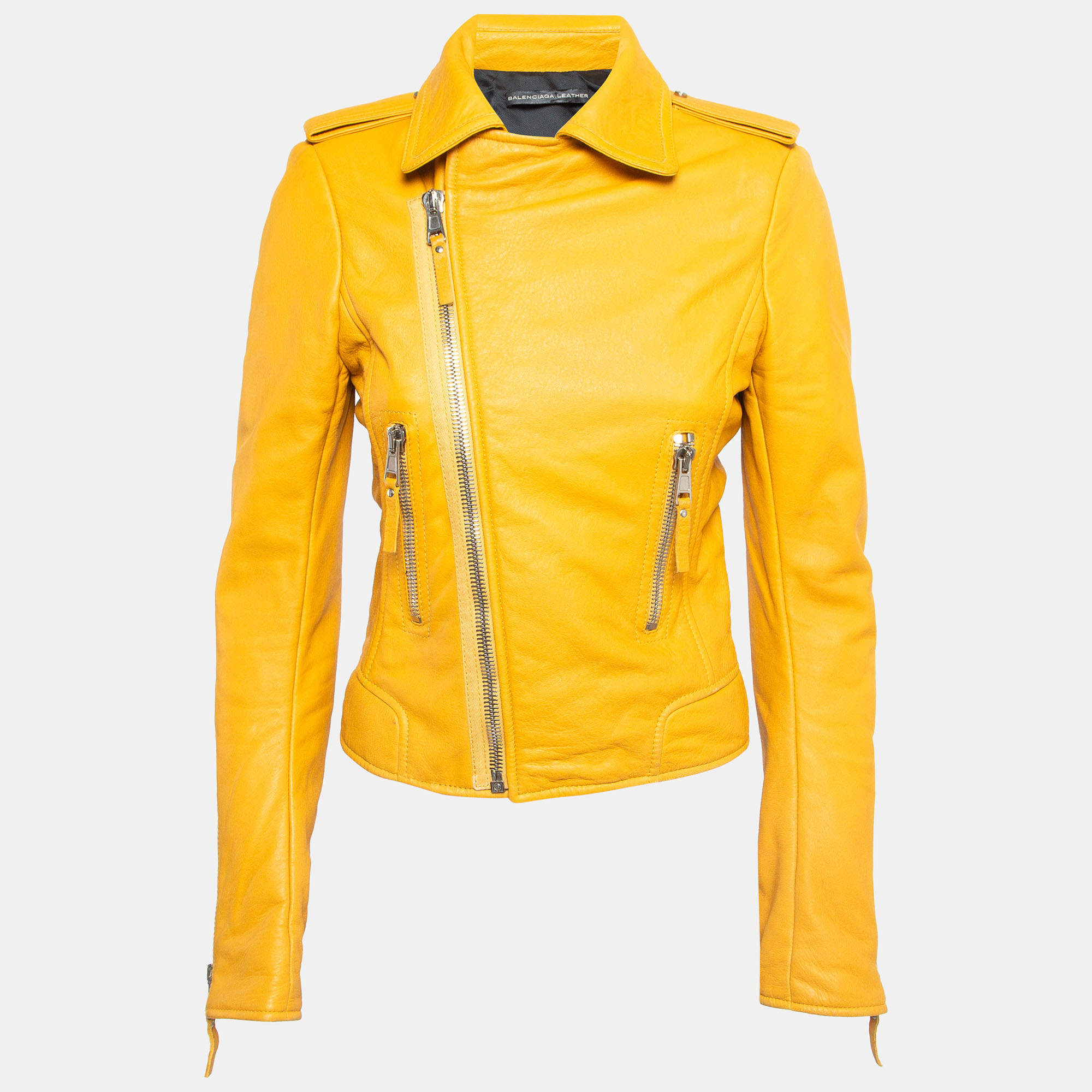 Balenciaga Yellow Leather Zipper Riders Jacket M