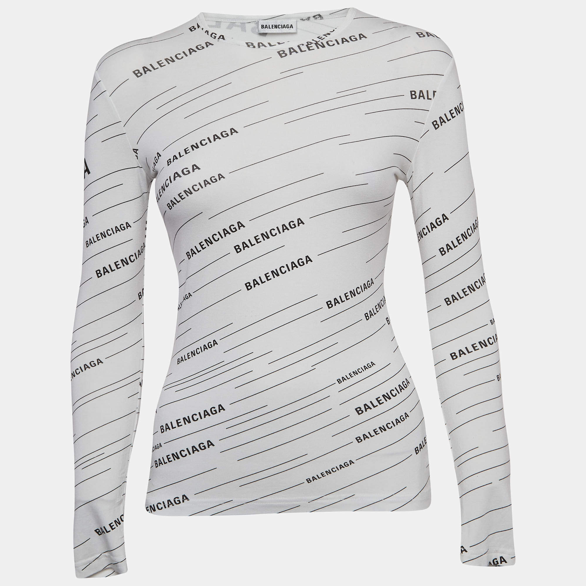 Balenciaga White Diagonal Logo Print Jersey Long Sleeve T-Shirt S