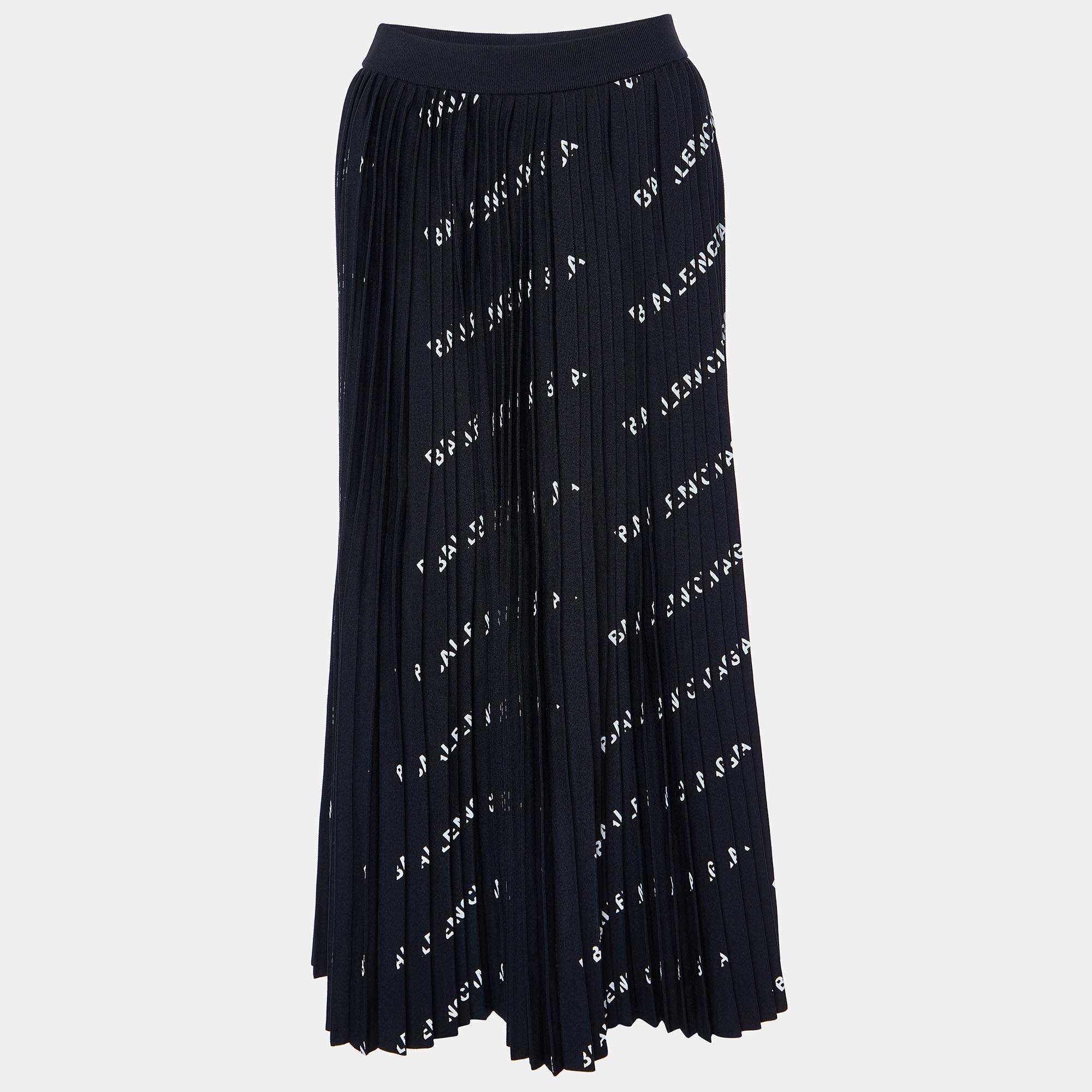 Balenciaga Black All-Over Logo Print Knit Pleated Midi Skirt M