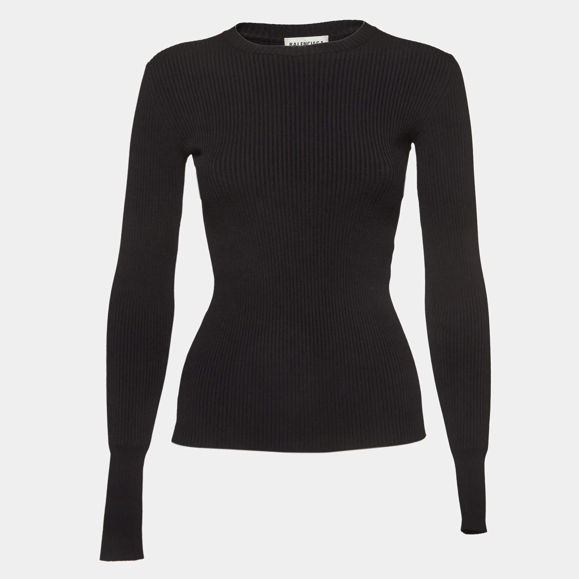 Pre Owned Balenciaga Black Logo Applique Rip Knit Crew Neck Top S
