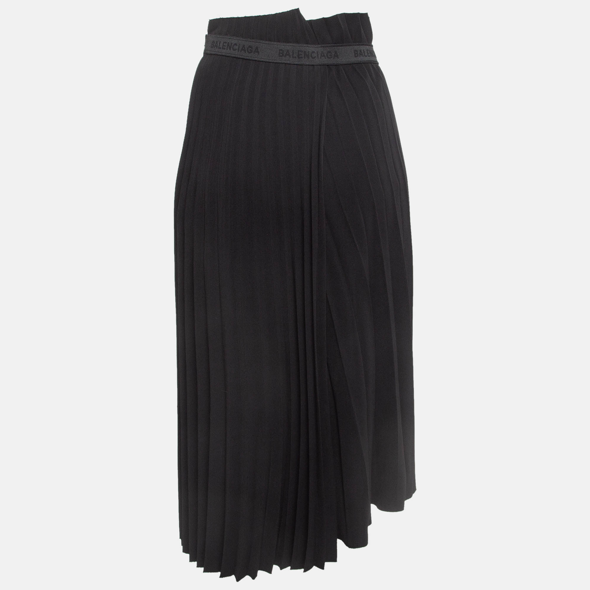 Balenciaga Black Crepe Plisse Asymmetric Midi Skirt S