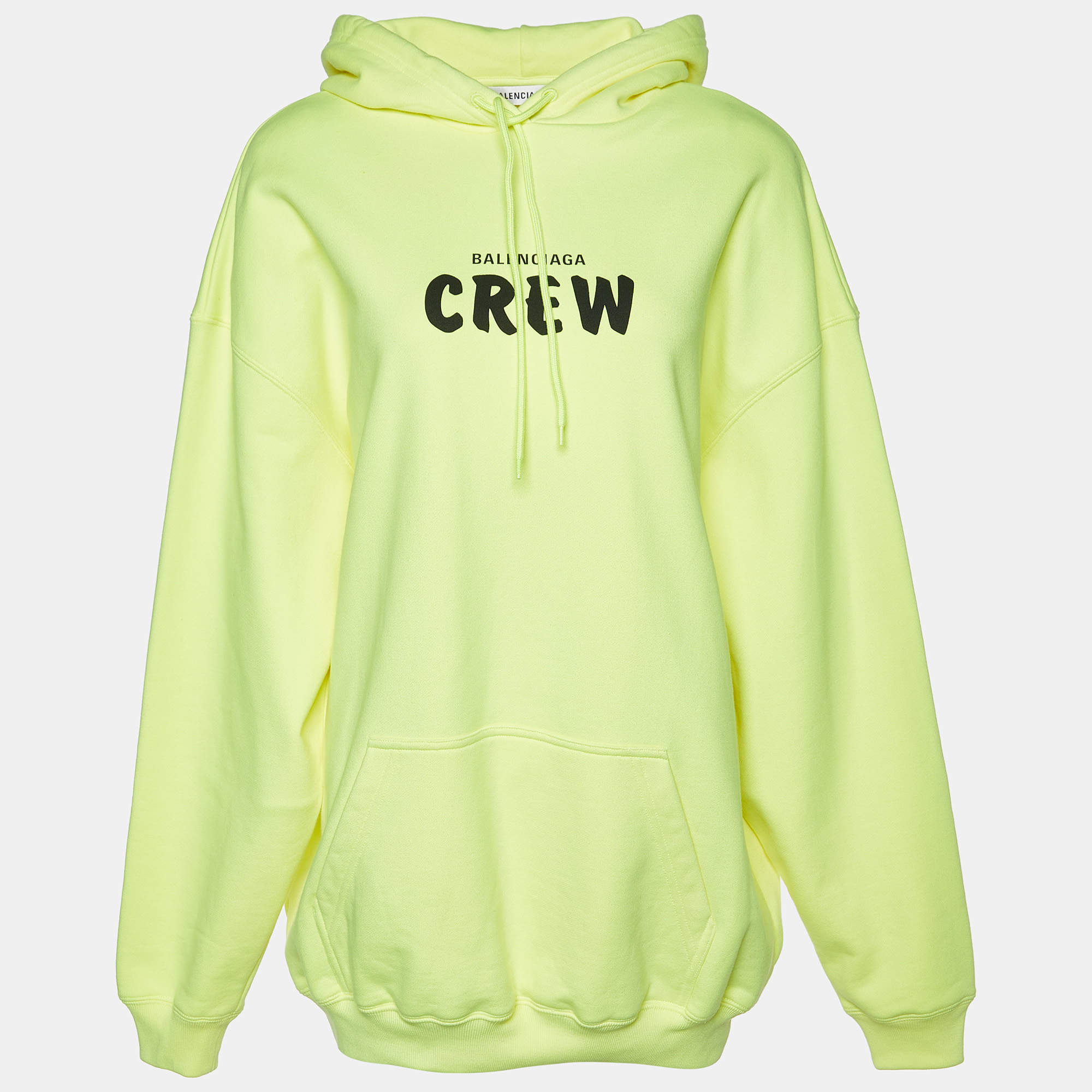 Pre Owned Balenciaga Neon Yellow Crew Print Cotton Oversized Hoodie XS