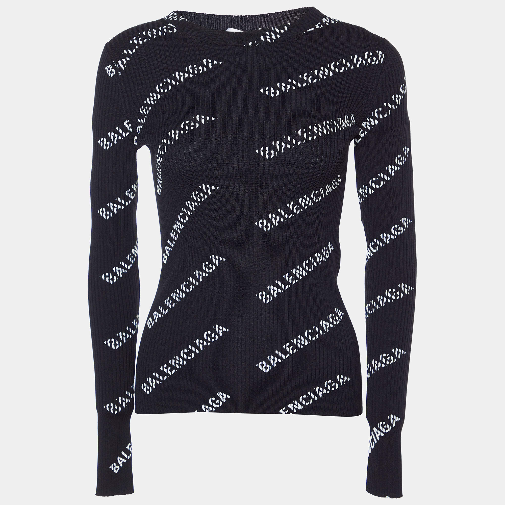 Pre Owned Balenciaga Black Logo Print Rib Knit Jumper XS
