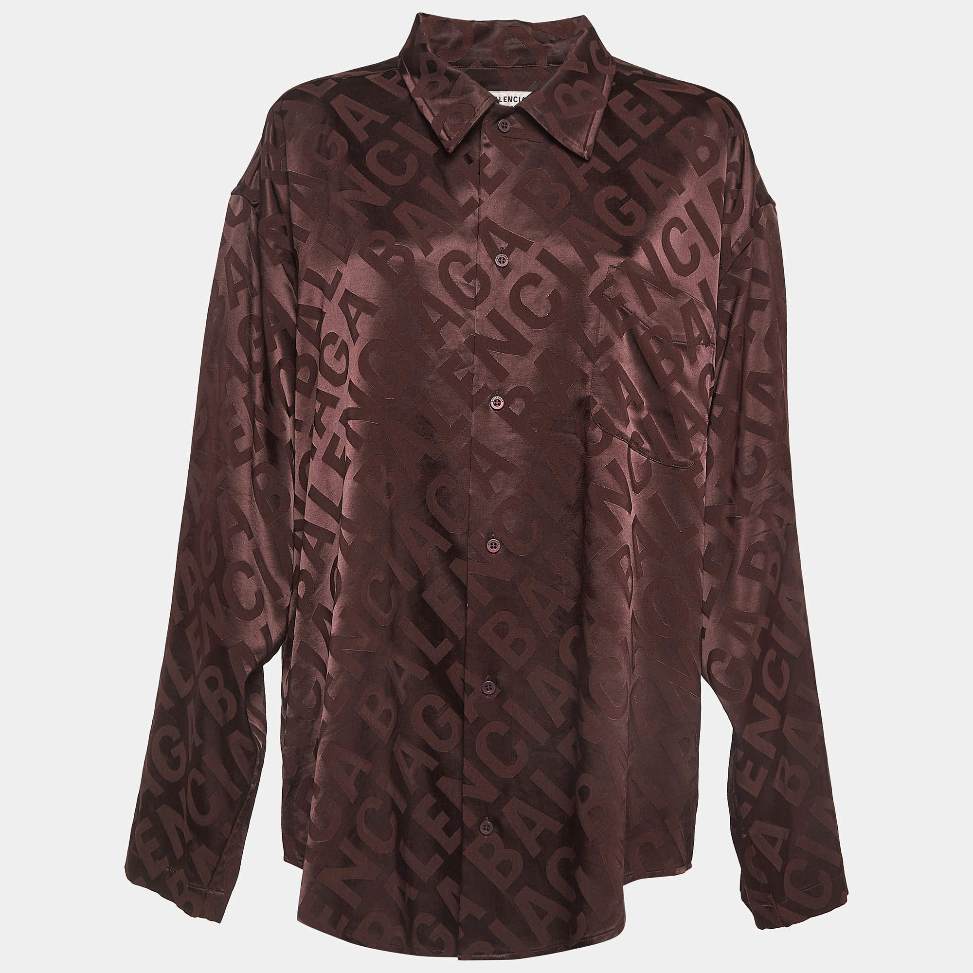 Pre Owned Balenciaga Burgundy Logo Jacquard Satin Oversized Shirt M