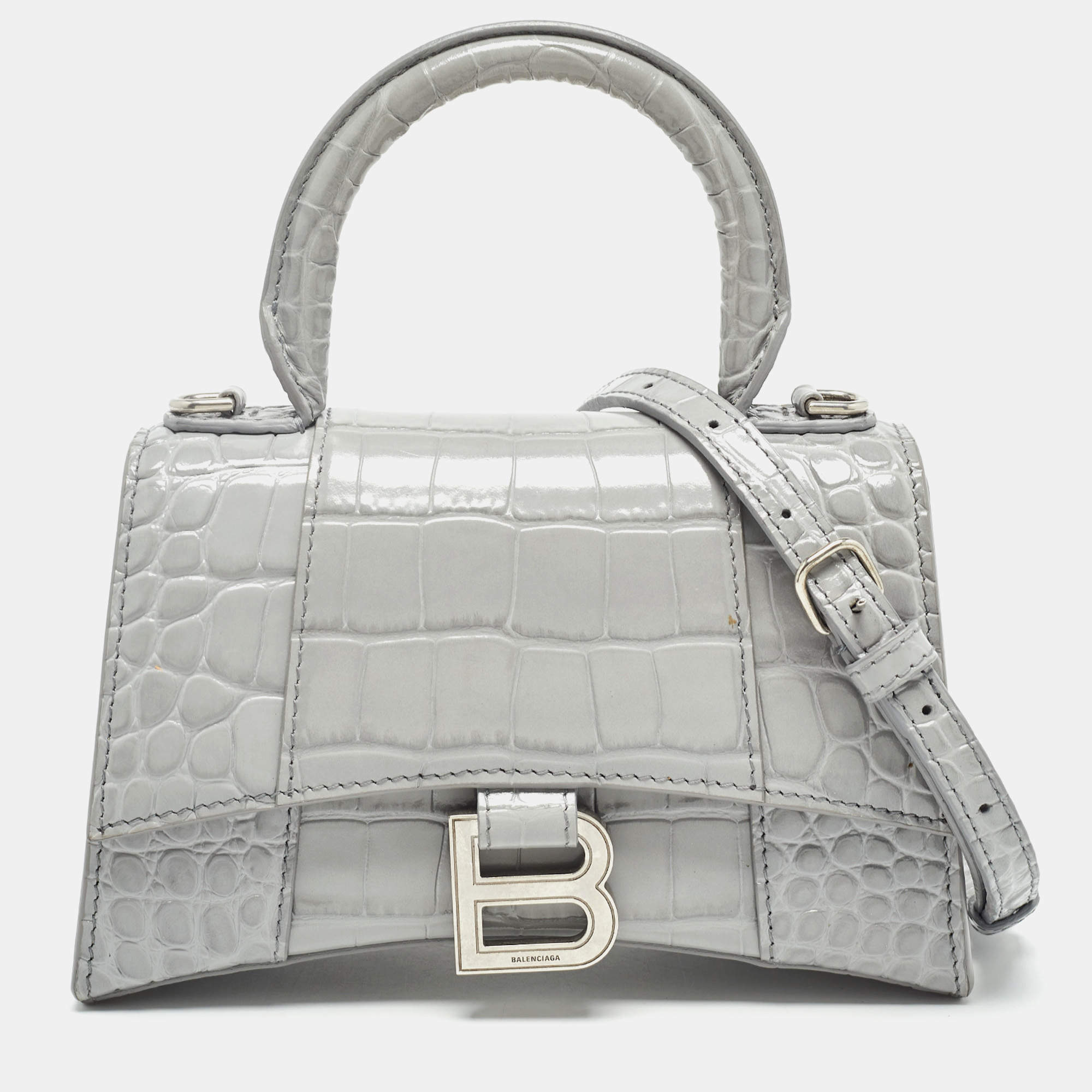 Pre Owned Balenciaga Grey Croc Embossed Leather XS Hourglass Top Handle Bag