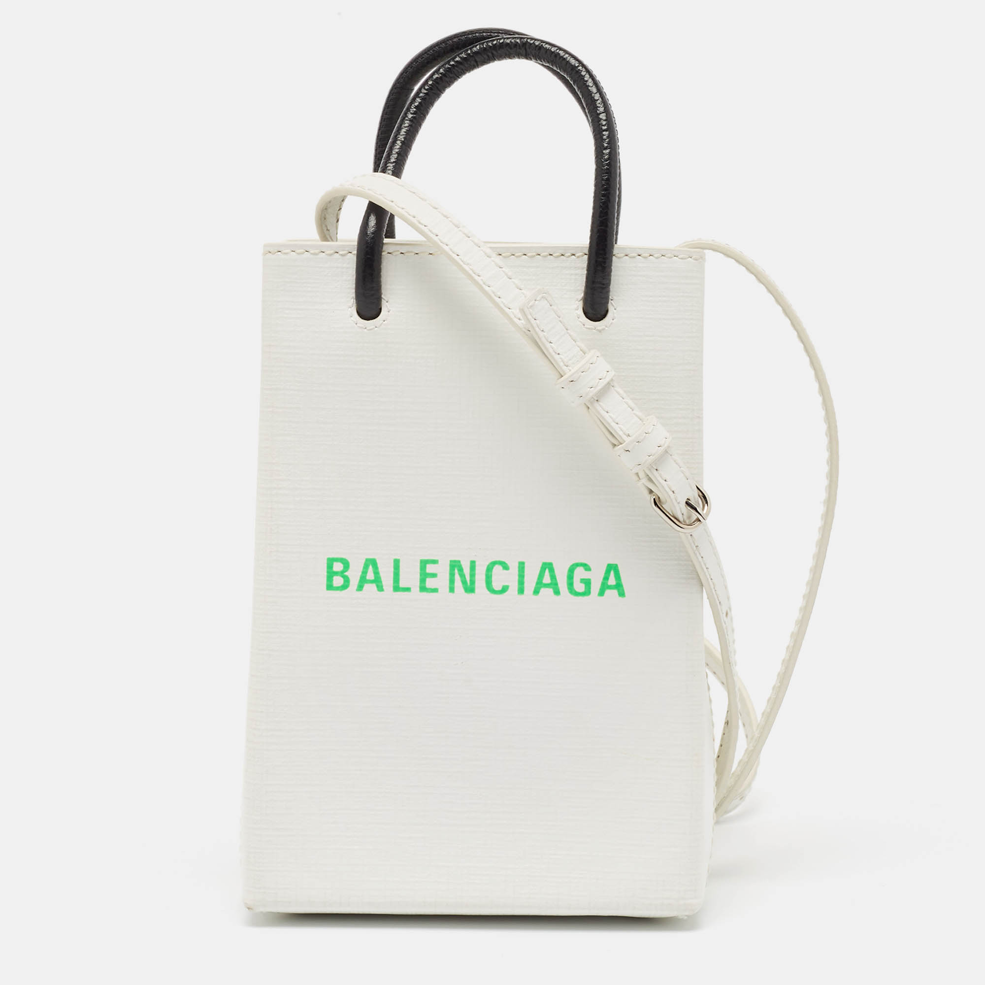 Pre Owned Balenciaga White Logo Shopping Phone Holder Crossbody Bag 