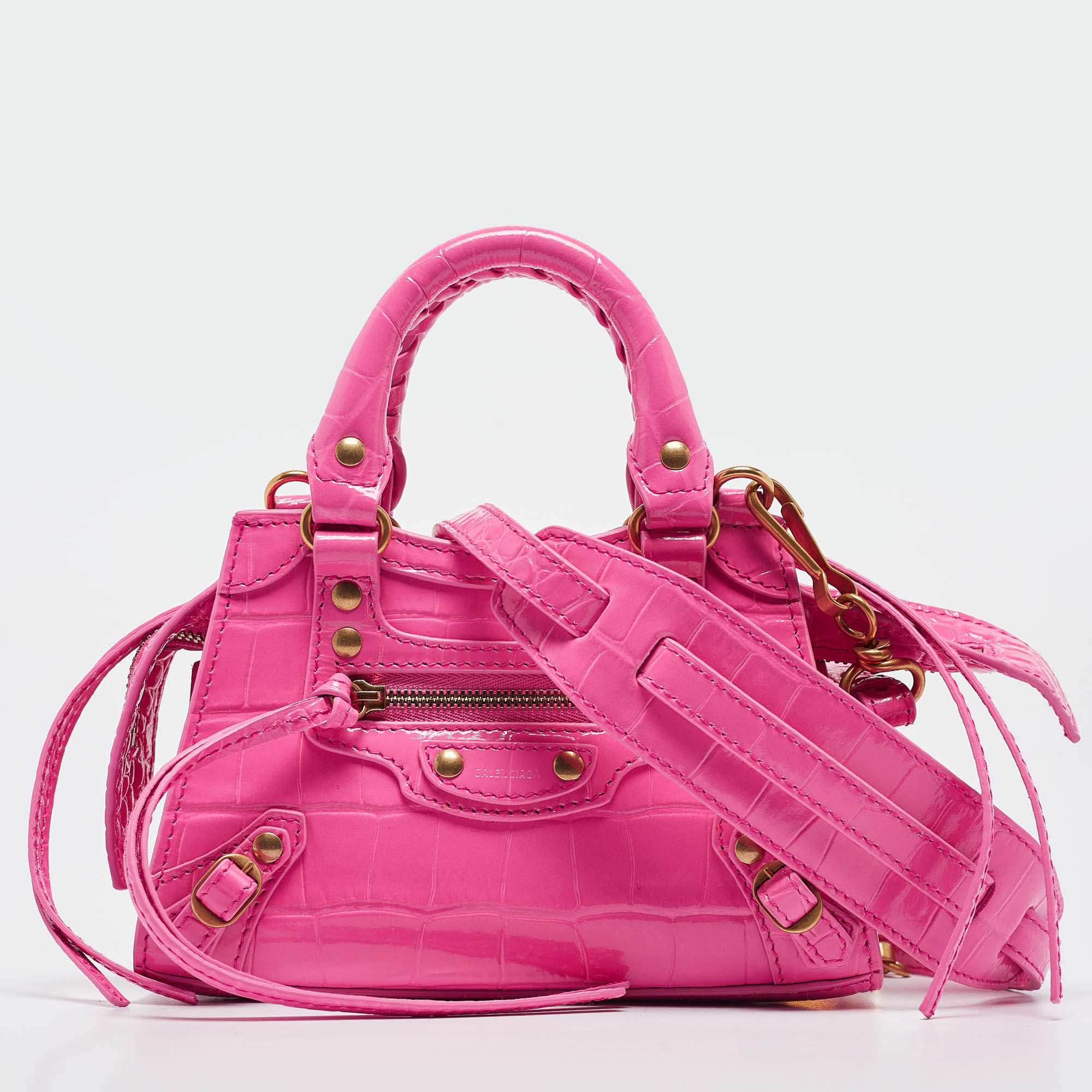 Pre Owned Balenciaga Pink Croc Embossed Leather Nano Neo Classic Tote
