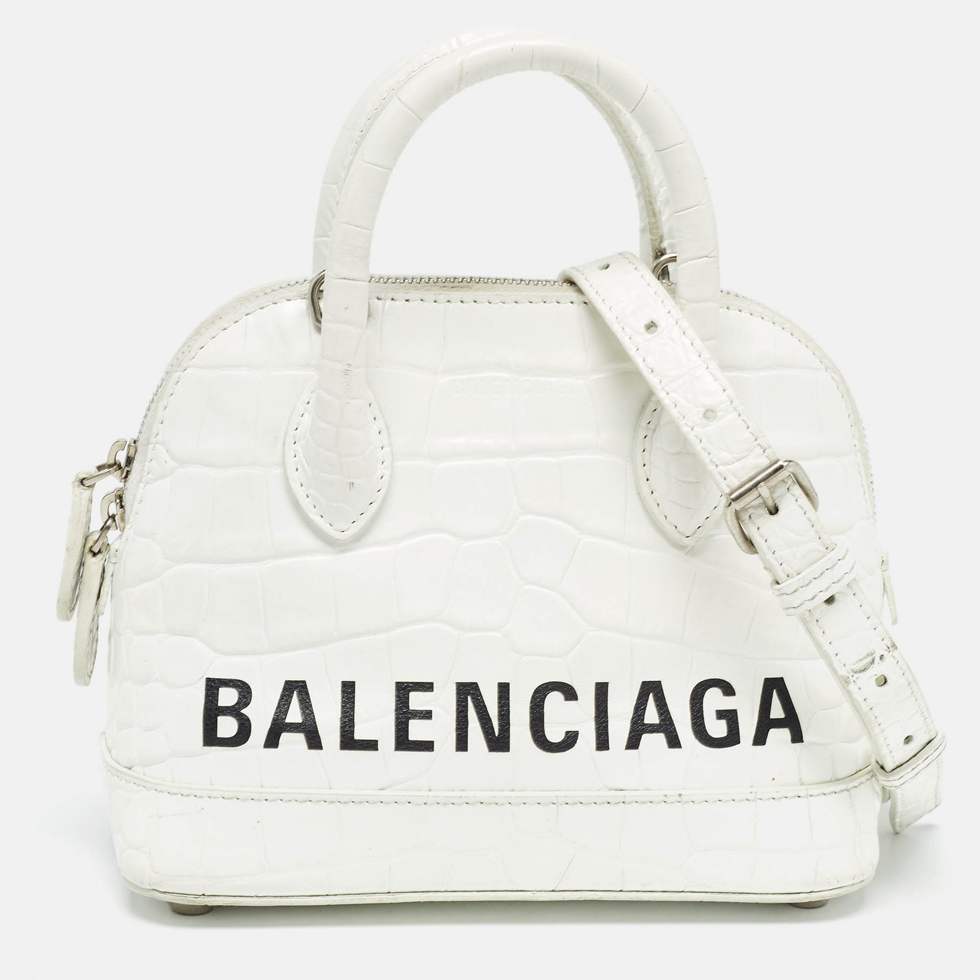 Pre Owned Balenciaga White Croc Embossed Leather XXS Ville Satchel