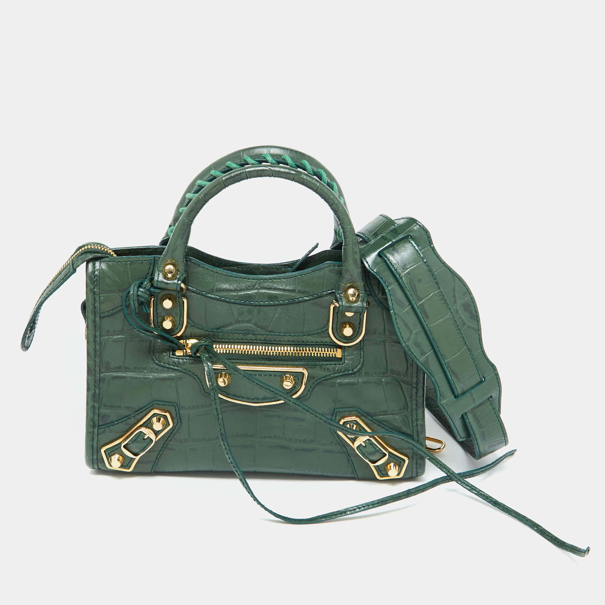 Pre Owned  Balenciaga Green Croc Embossed Leather Mini Classic Metallic Edge City Bag
