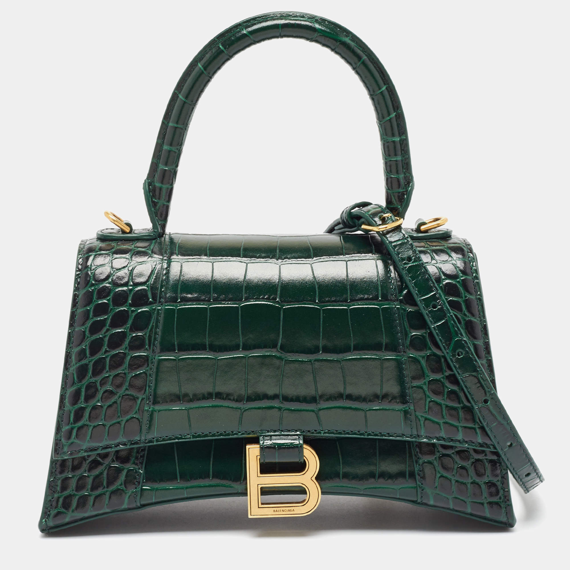Pre Owned Balenciaga Green Croc Embossed Leather Small Hourglass Top Handle Bag