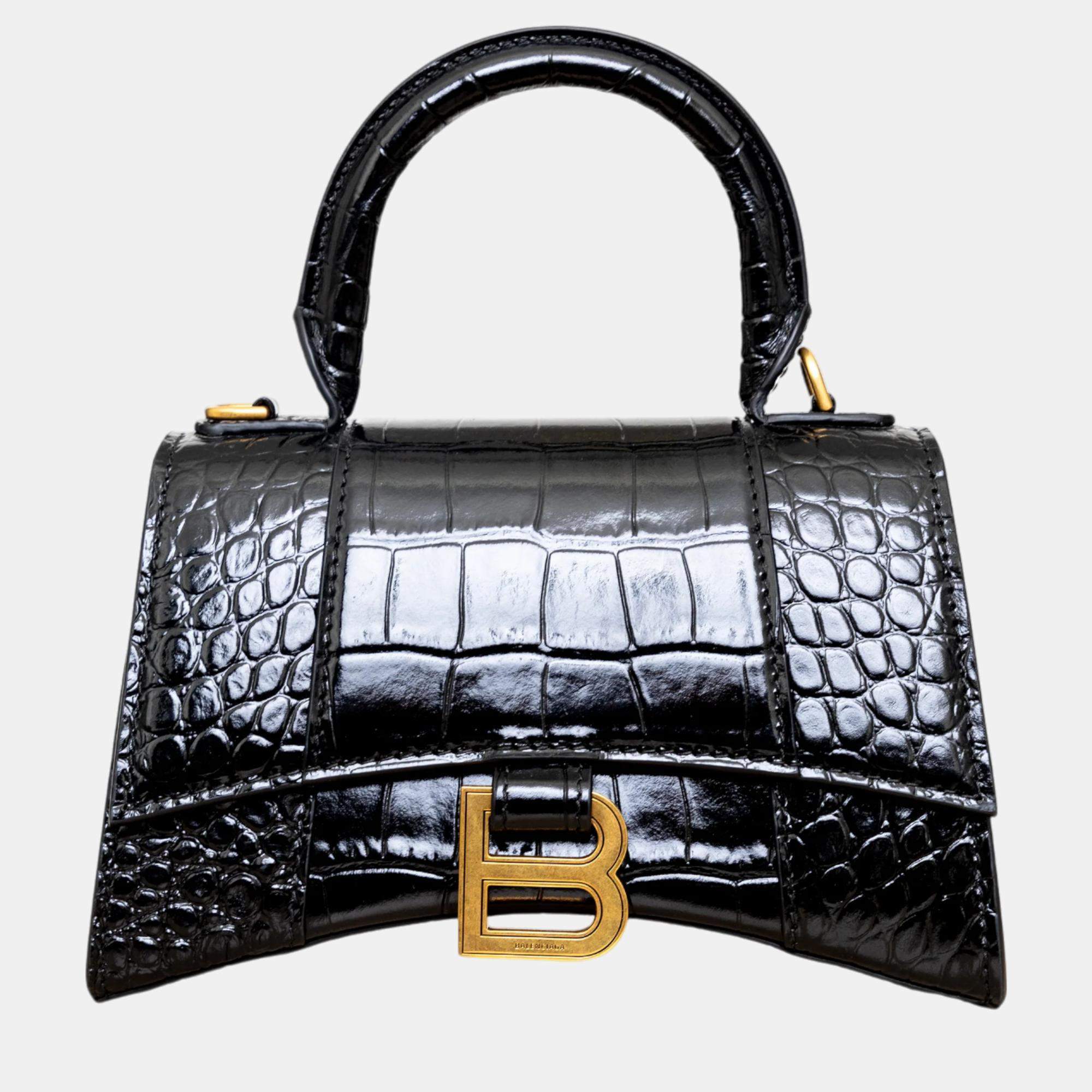 Balenciaga Black Croc Embossed Leather XS Hourglass Top Handle Bags