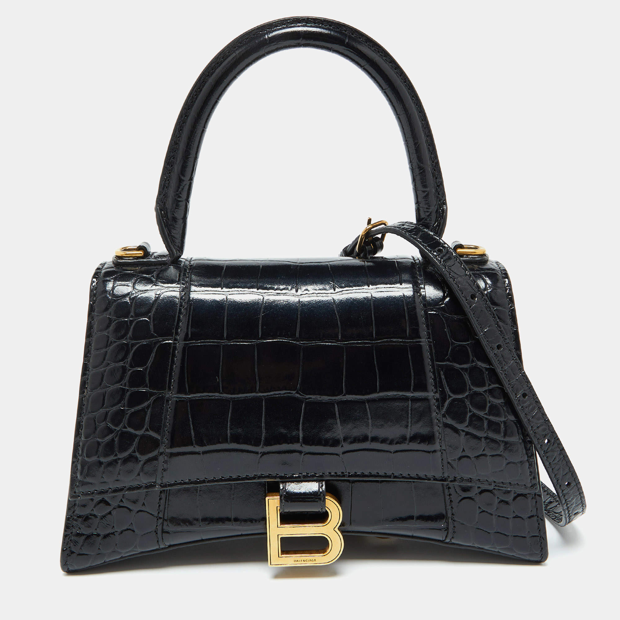 Pre Owned Balenciaga Black Croc Embossed Leather Small Hourglass Top Handle Bag