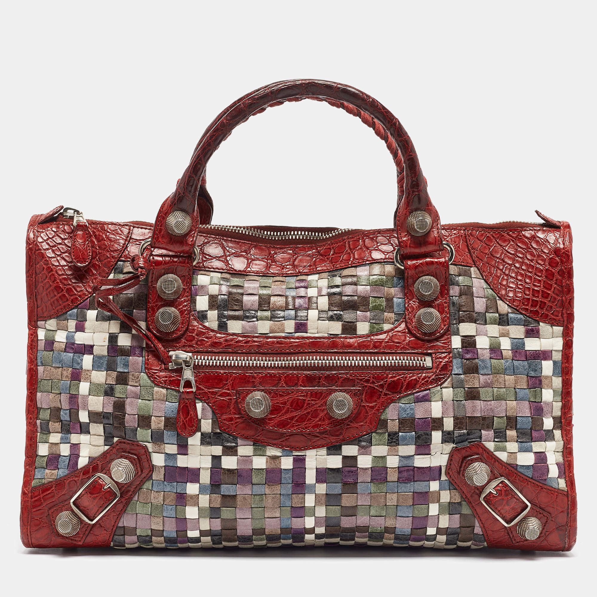 Pre Owned Balenciaga Red/Multicolor Woven Leather and Alligator GSH Work Bag