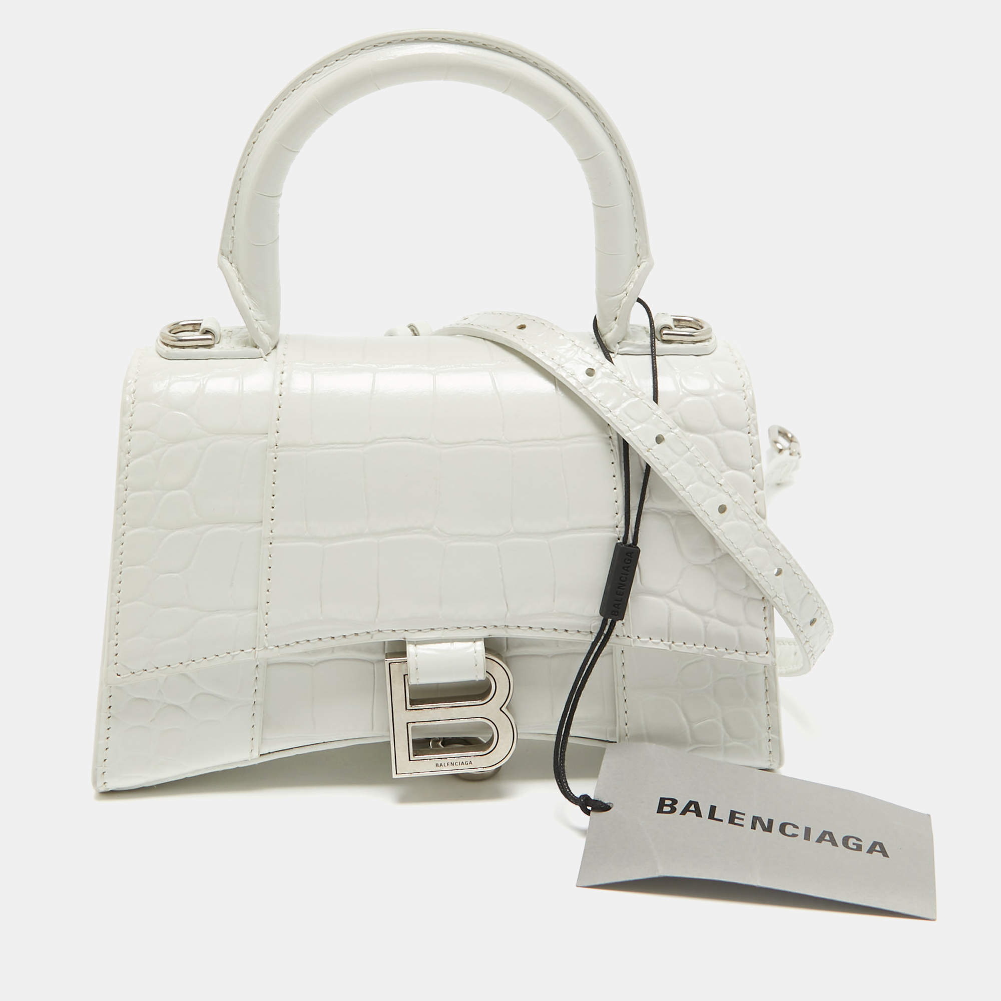 Balenciaga White Croc Embossed Leather XS Hourglass Top Handle Bag