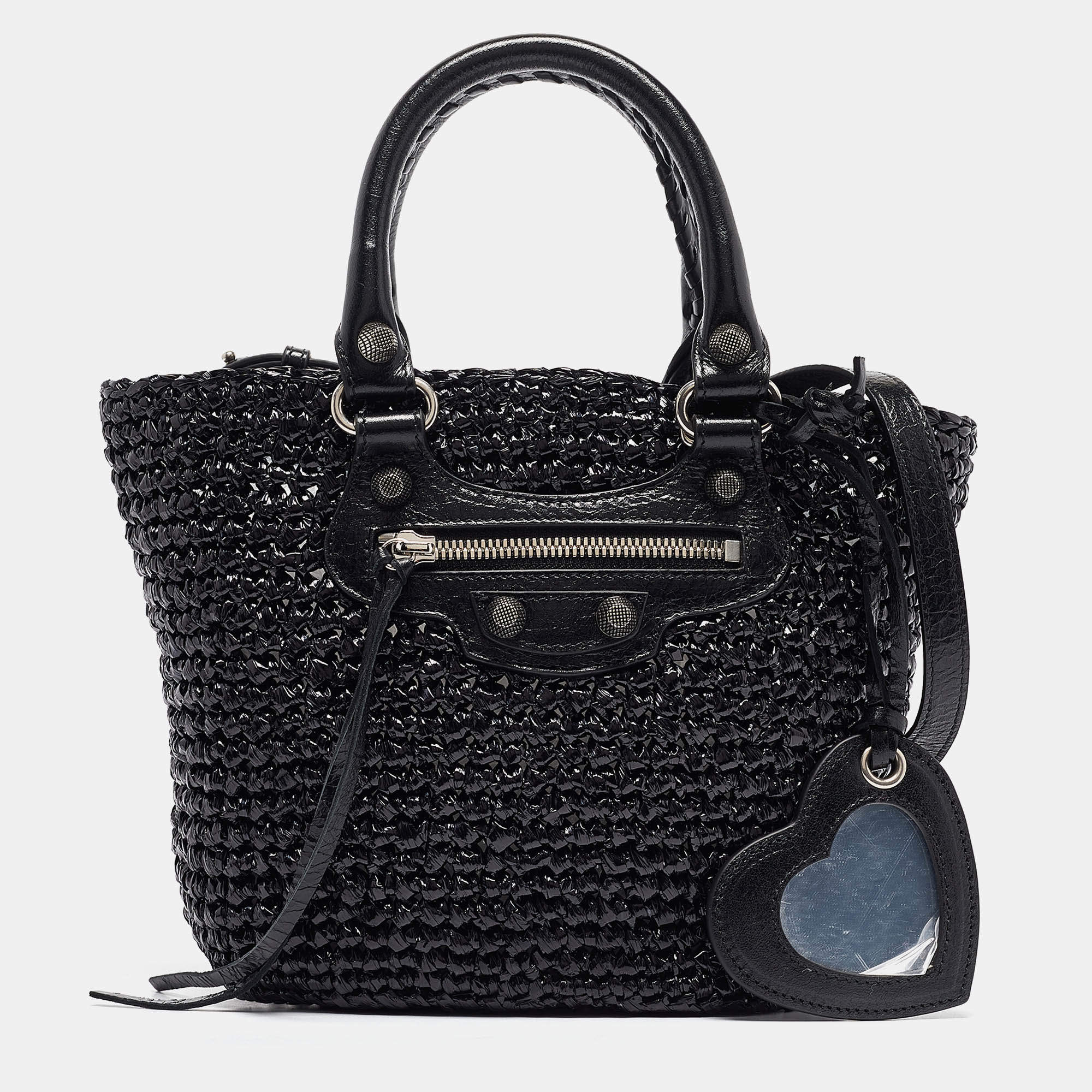 Pre Owned Balenciaga Black Woven Leather and Straw Le Cagole Basket Tote