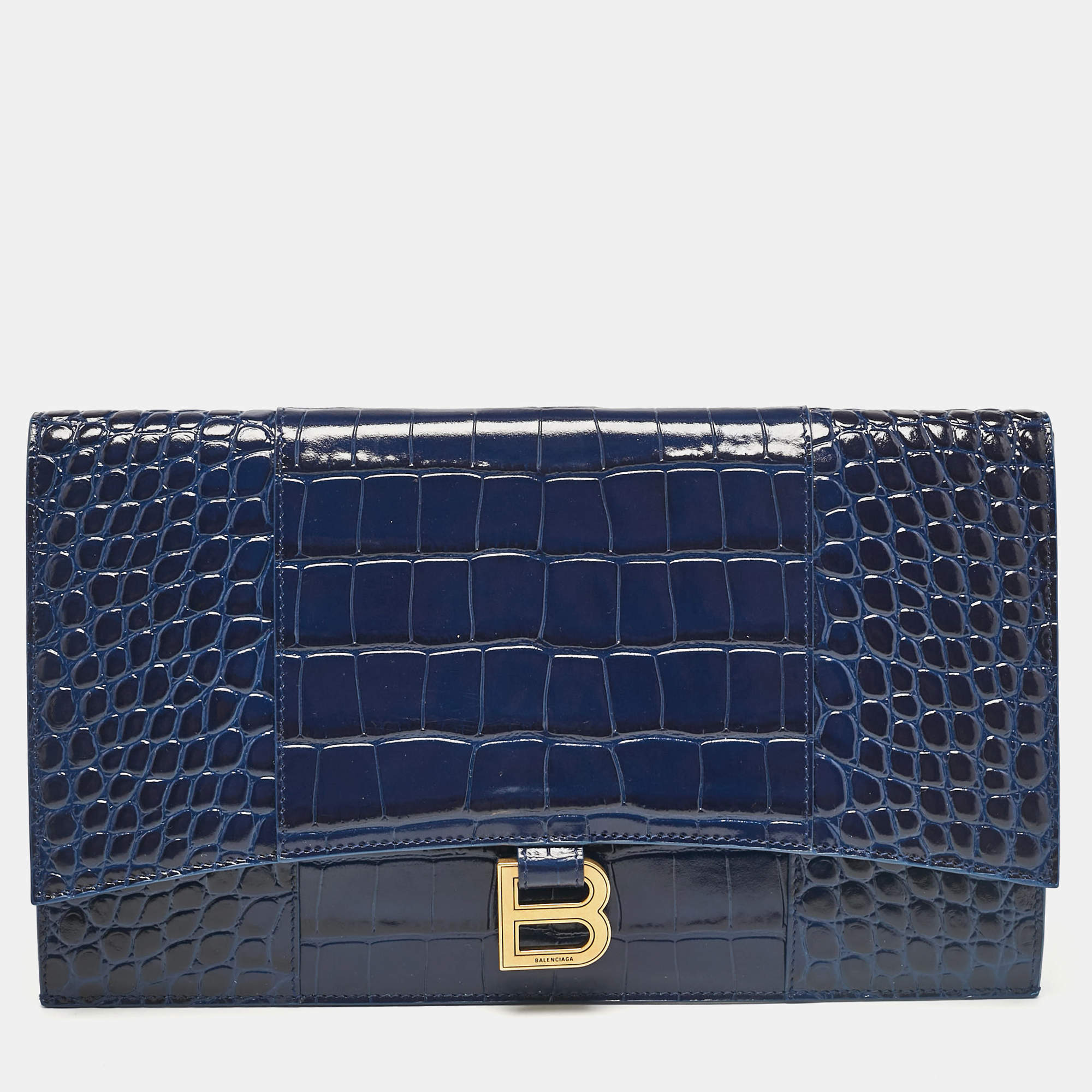 Pre Owned Balenciaga Blue Croc Embossed Leather Hourglass Flat Pouch 