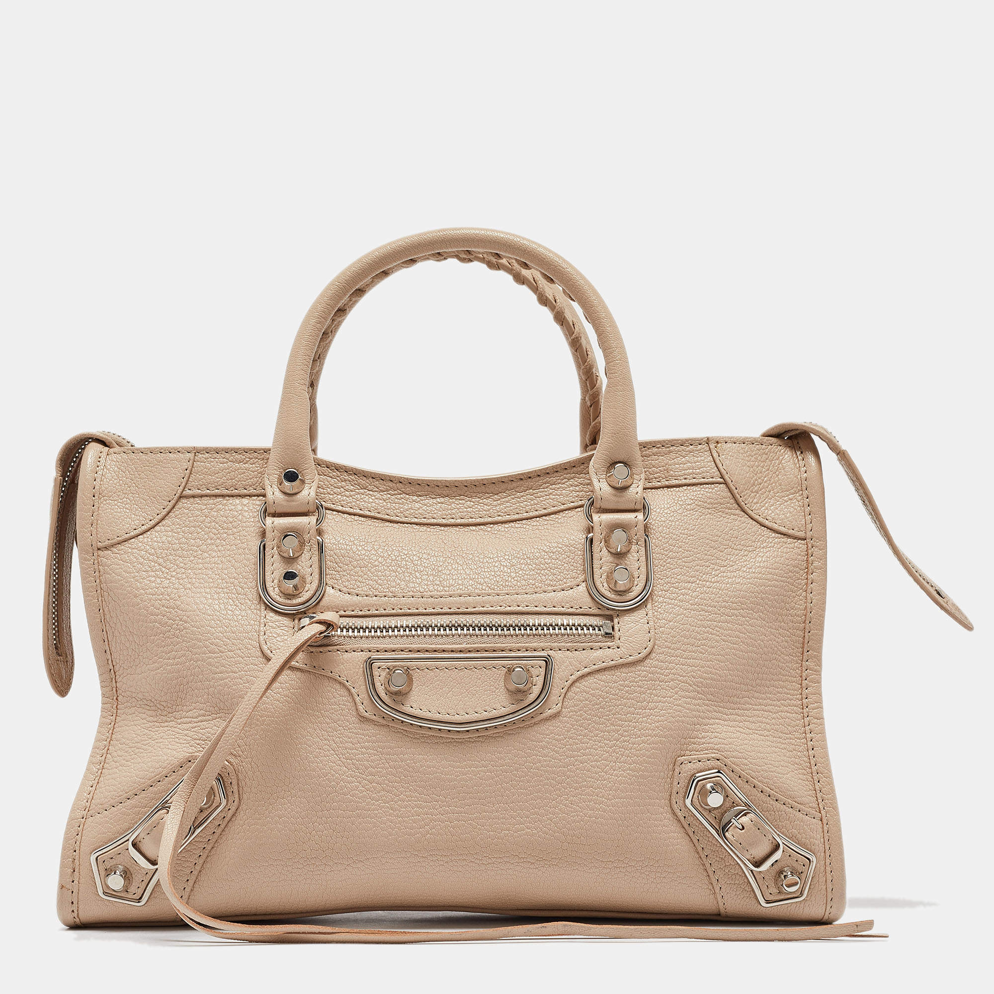 Pre Owned Balenciaga Beige Leather Small Metallic Edge Classic City Tote