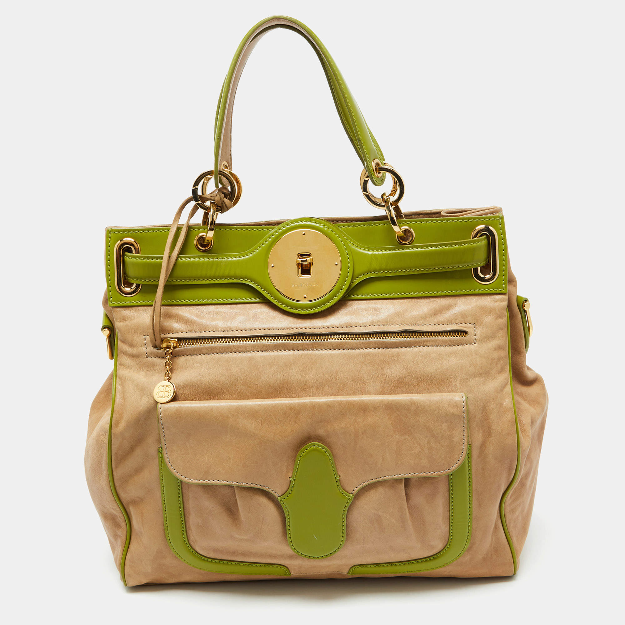 Balenciaga Beige/Green Leather Lune Tote