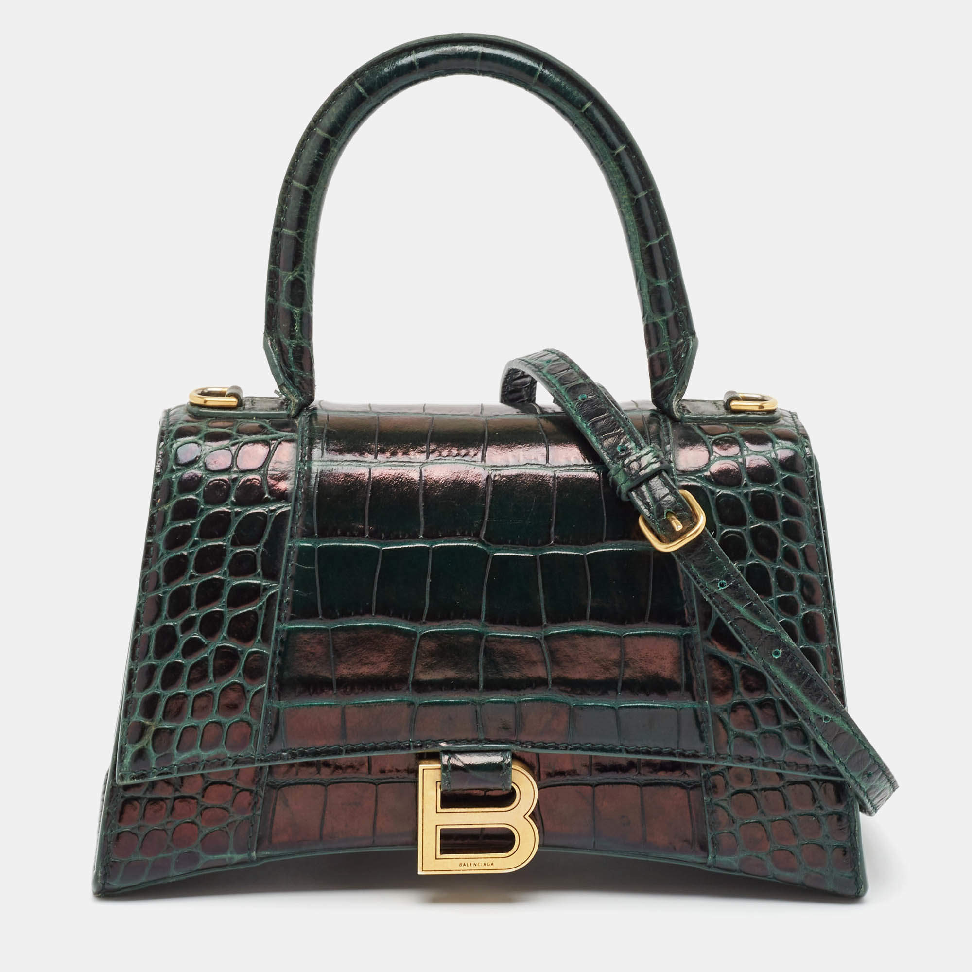 Balenciaga Green Croc Embossed Leather Small Hourglass Top Handle Bag