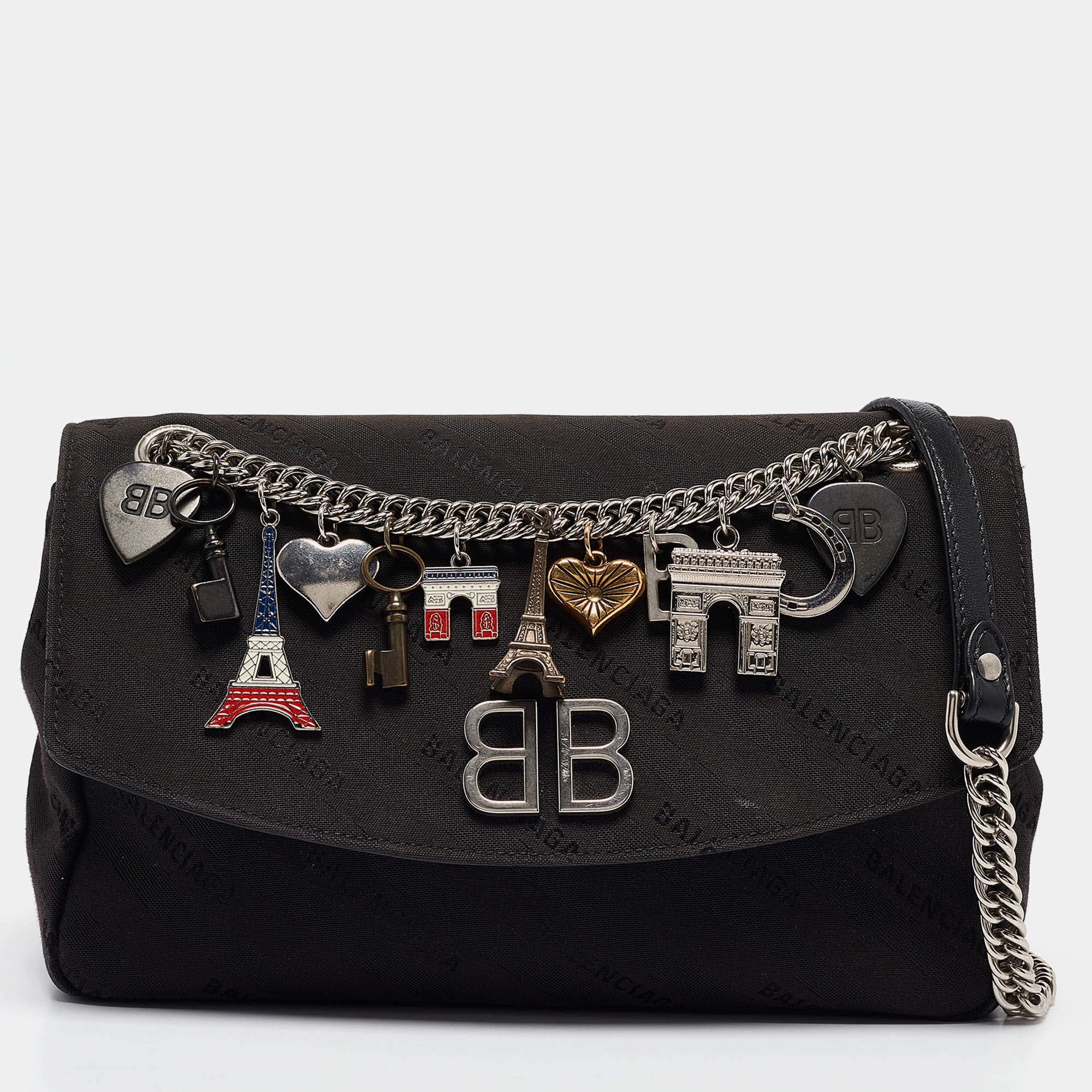 Pre Owned Balenciaga Black Diagonal Logo Fabric and Leather BB Charm Shoulder Bag