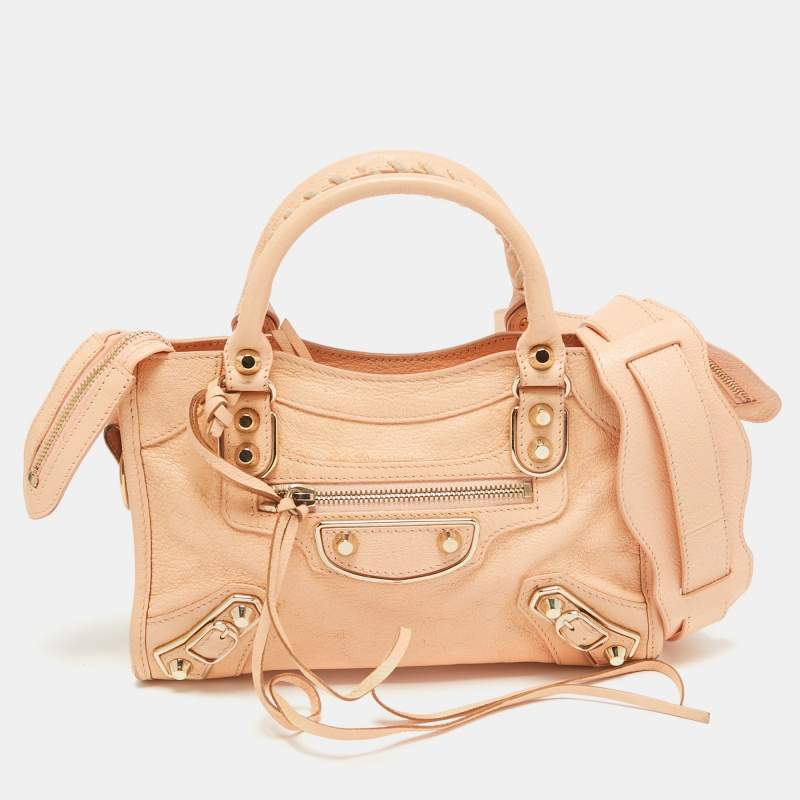 Pre Owned Balenciaga Peach Leather Mini Classic Metallic Edge City Bag