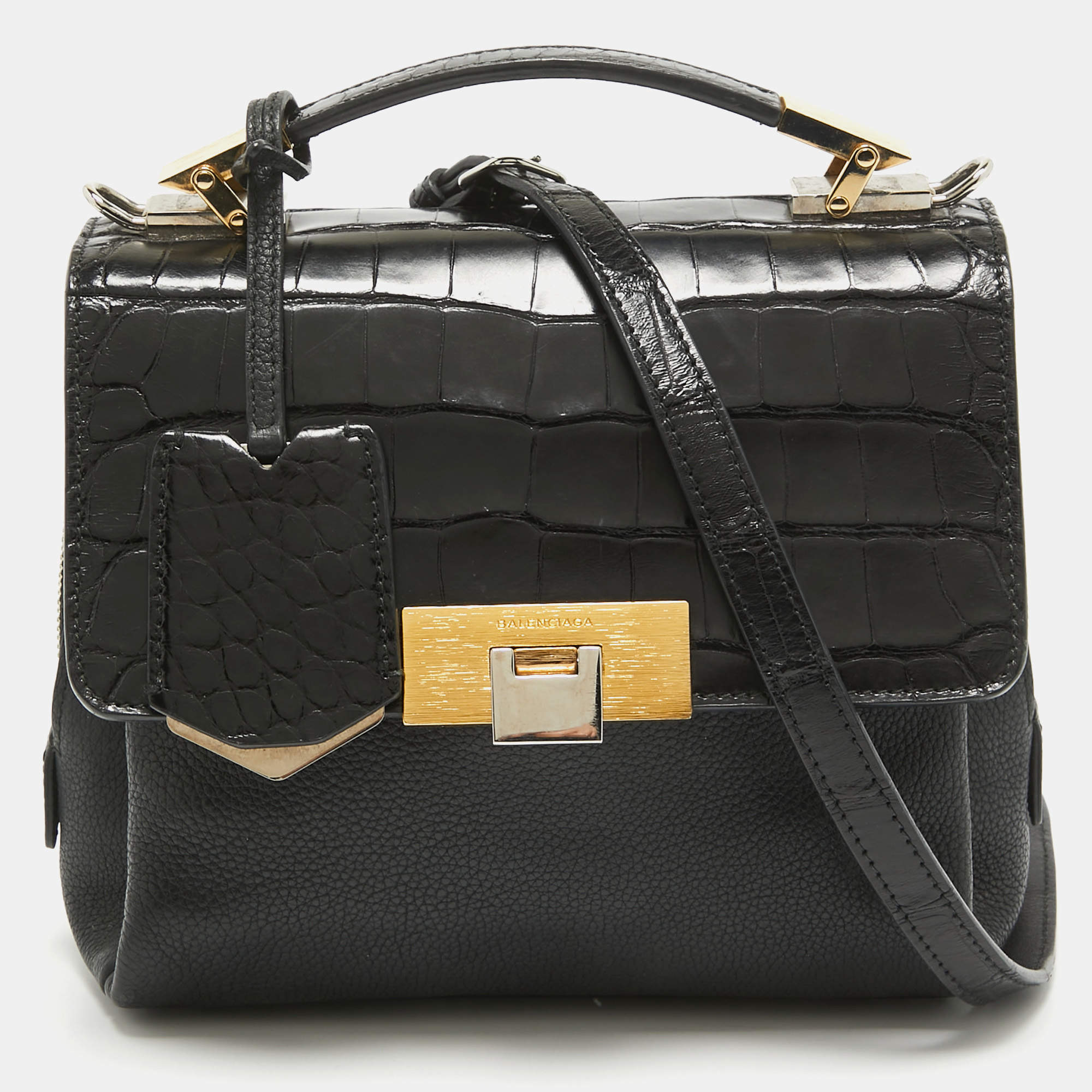 Pre Owned Balenciaga Black Alligator and Leather Le Dix Cartable Top Handle Bag