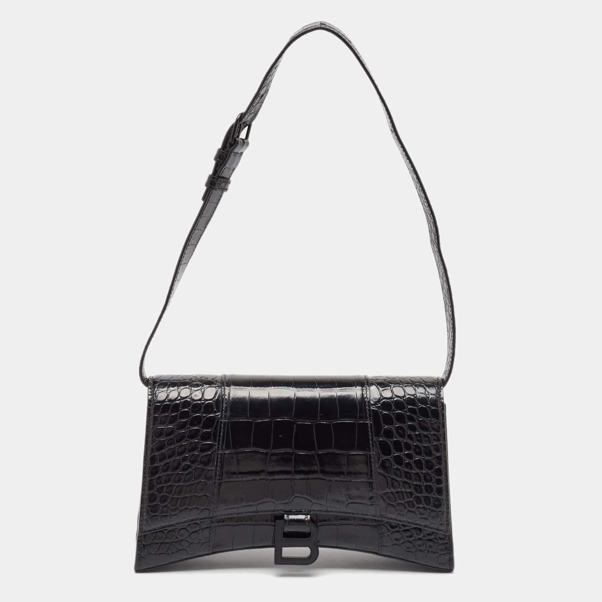 Balenciaga Black Croc Embossed Leather Hourglass Sling Shoulder Bag