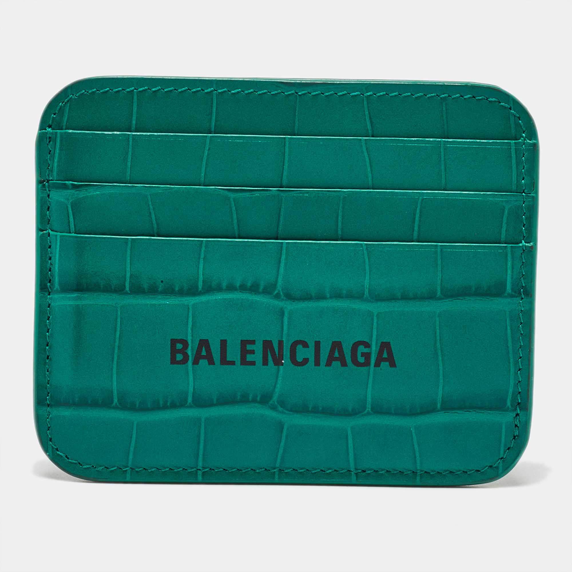Balenciaga Green Croc Embossed Leather Card Holder