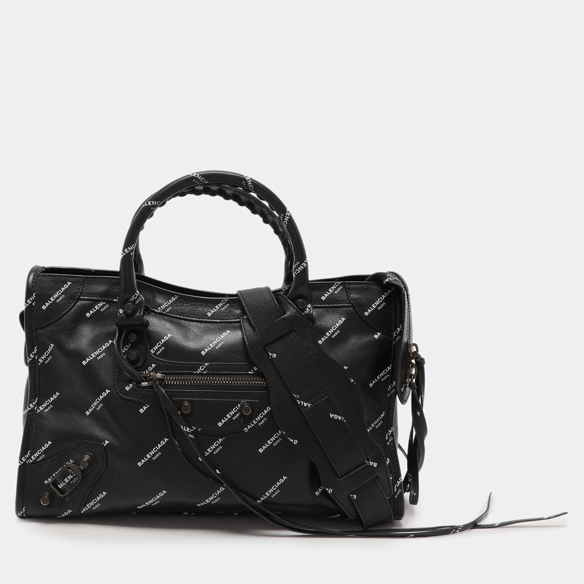 Pre Owned Balenciaga Black Leather All Over Logo Print Classic Small City RH Tote