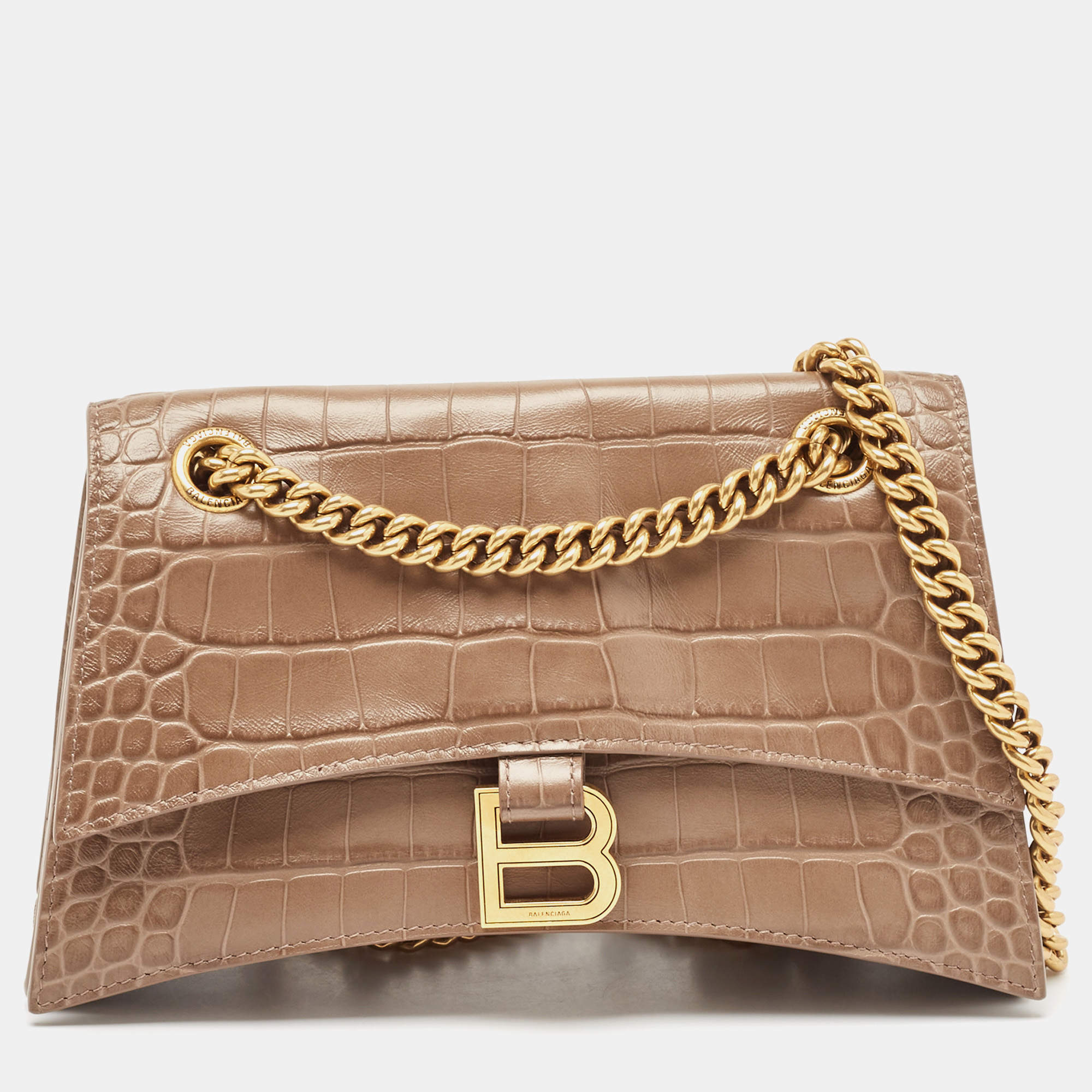 مملوكة مسبقًا Balenciaga Beige Croc Embossed Leather Small Crush Shoulder Bag