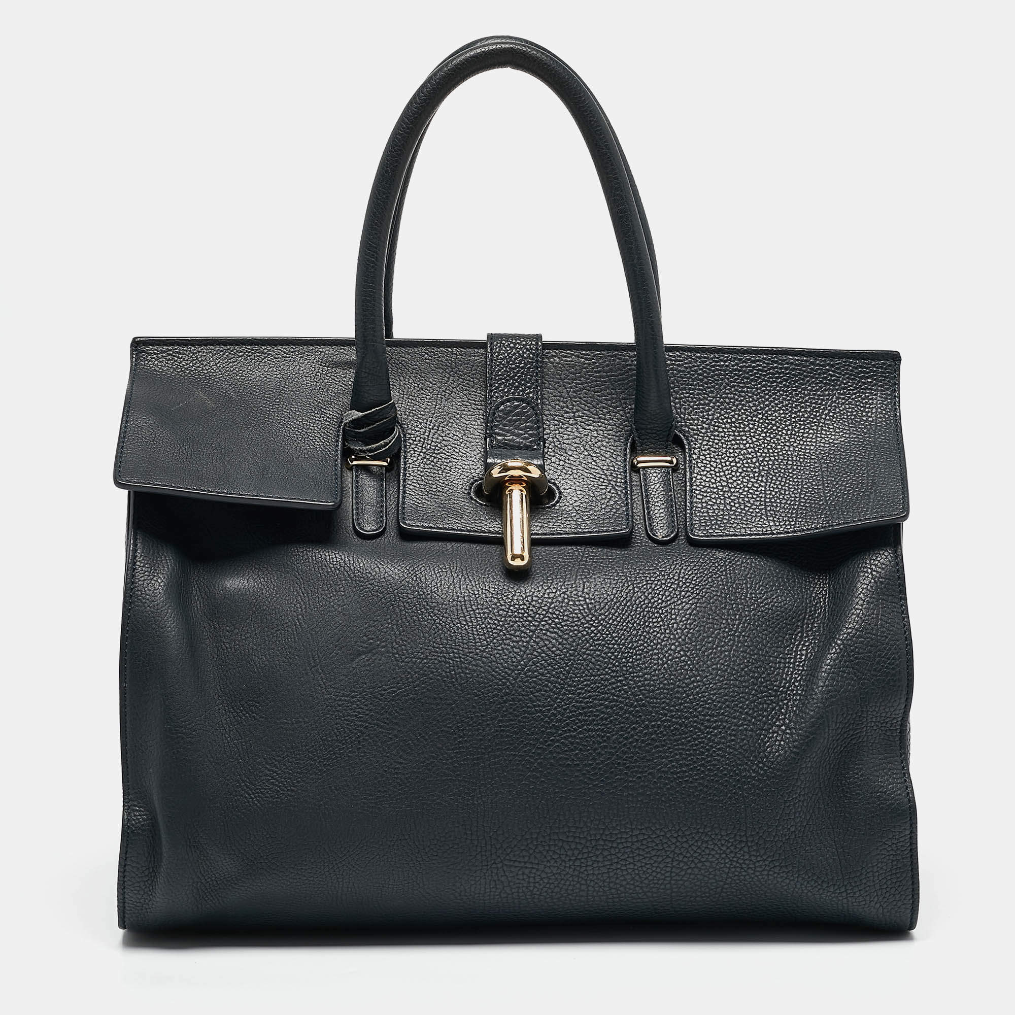 Balenciaga Navy Blue Leather Tube Clasp Top Handle Bag