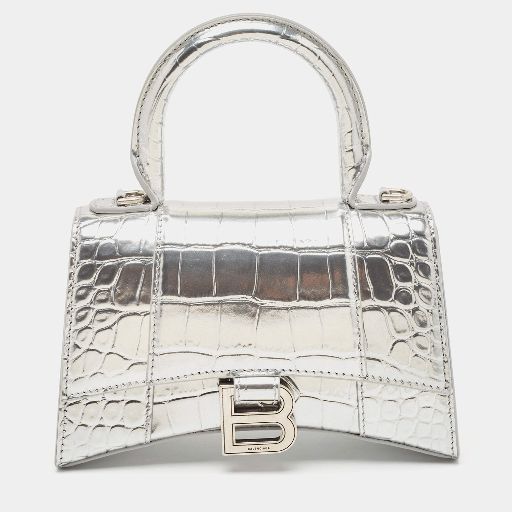 Pre Owned Balenciaga Silver Croc Embossed Patent Leather XS Hourglass Top Handle Bag