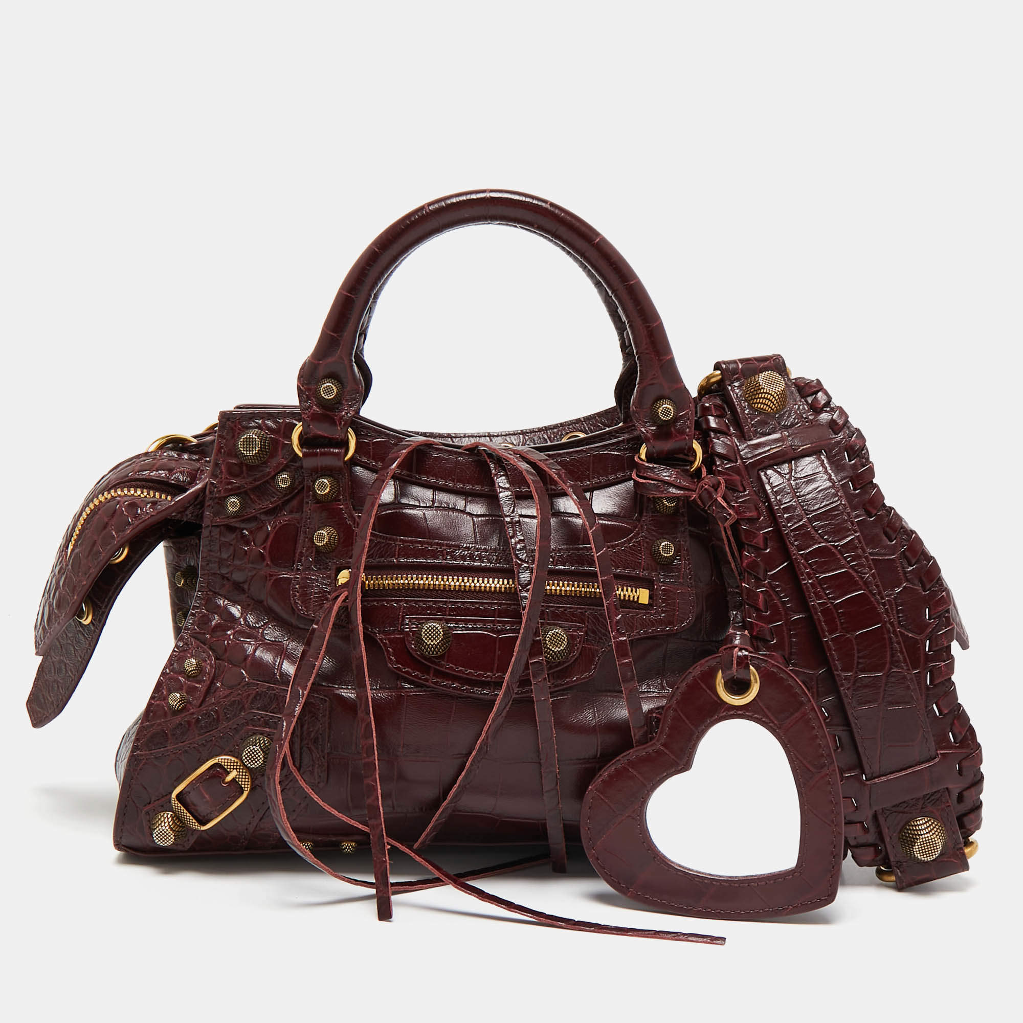 Pre Owned Balenciaga Dark Red Croc Embossed Leather XS Neo Cagole Bag