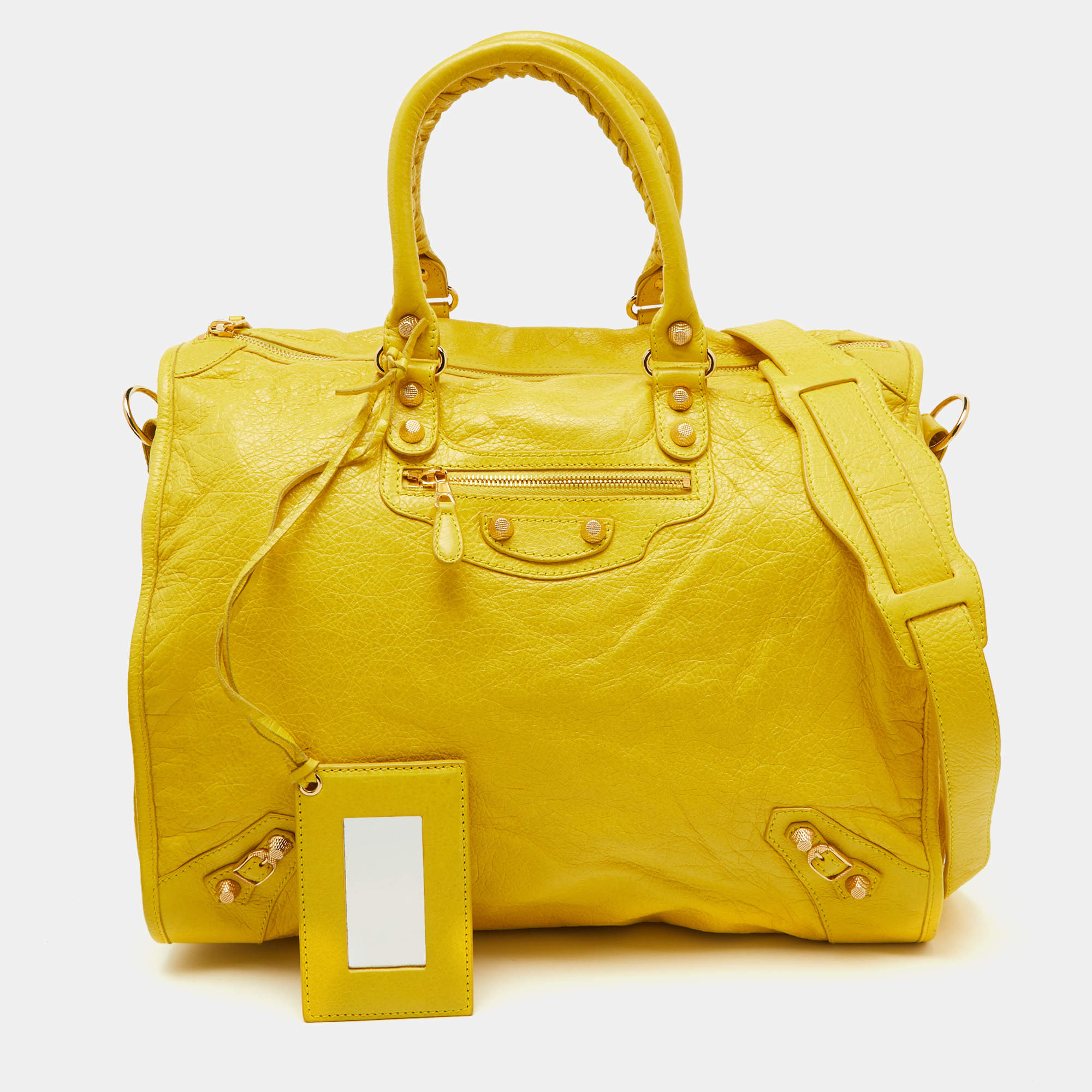 Pre Owned Balenciaga Bright Yellow Leather GGH Motorcycle City Bag