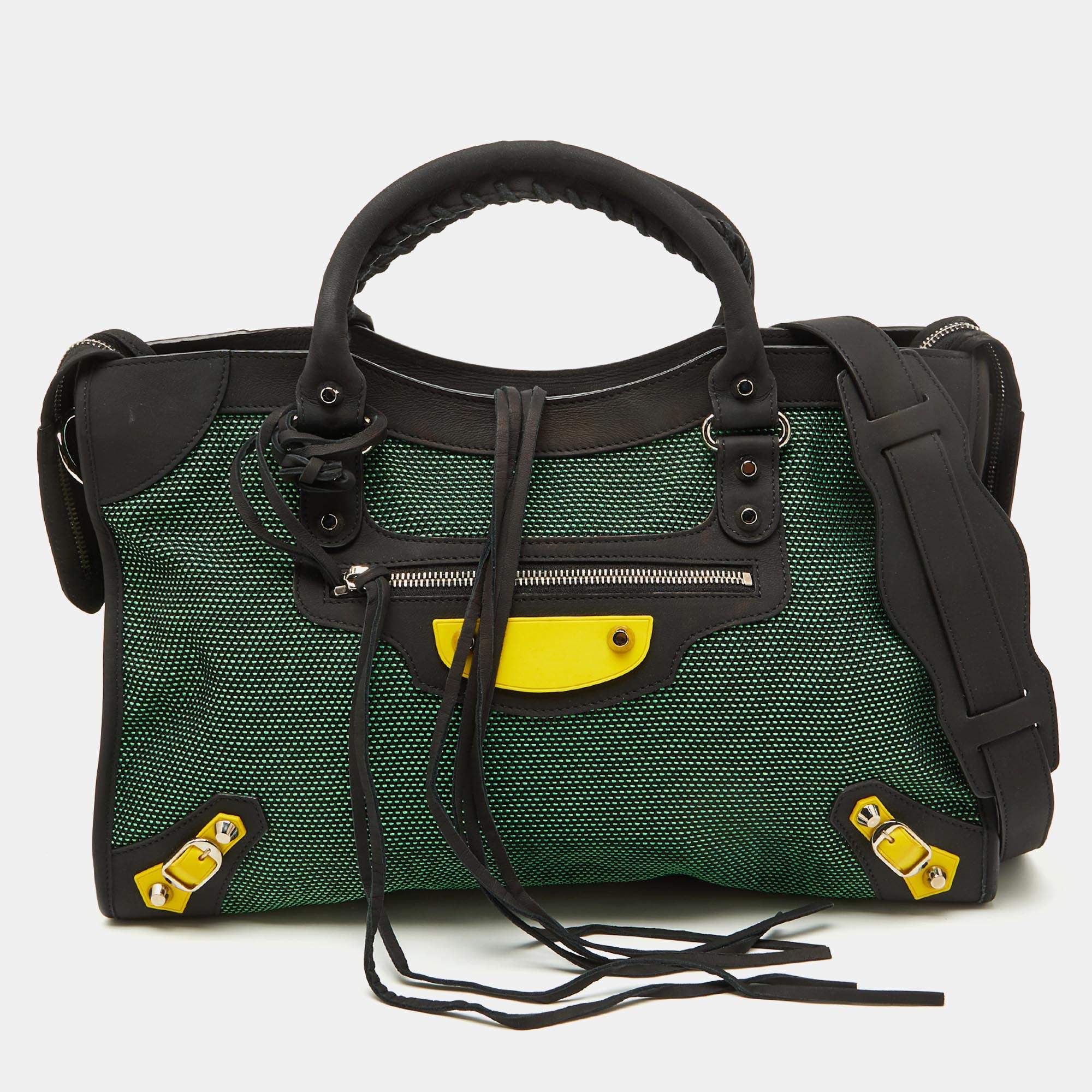 Pre Owned Balenciaga Green/Black Woven Fabric and Leather Classic City Bag