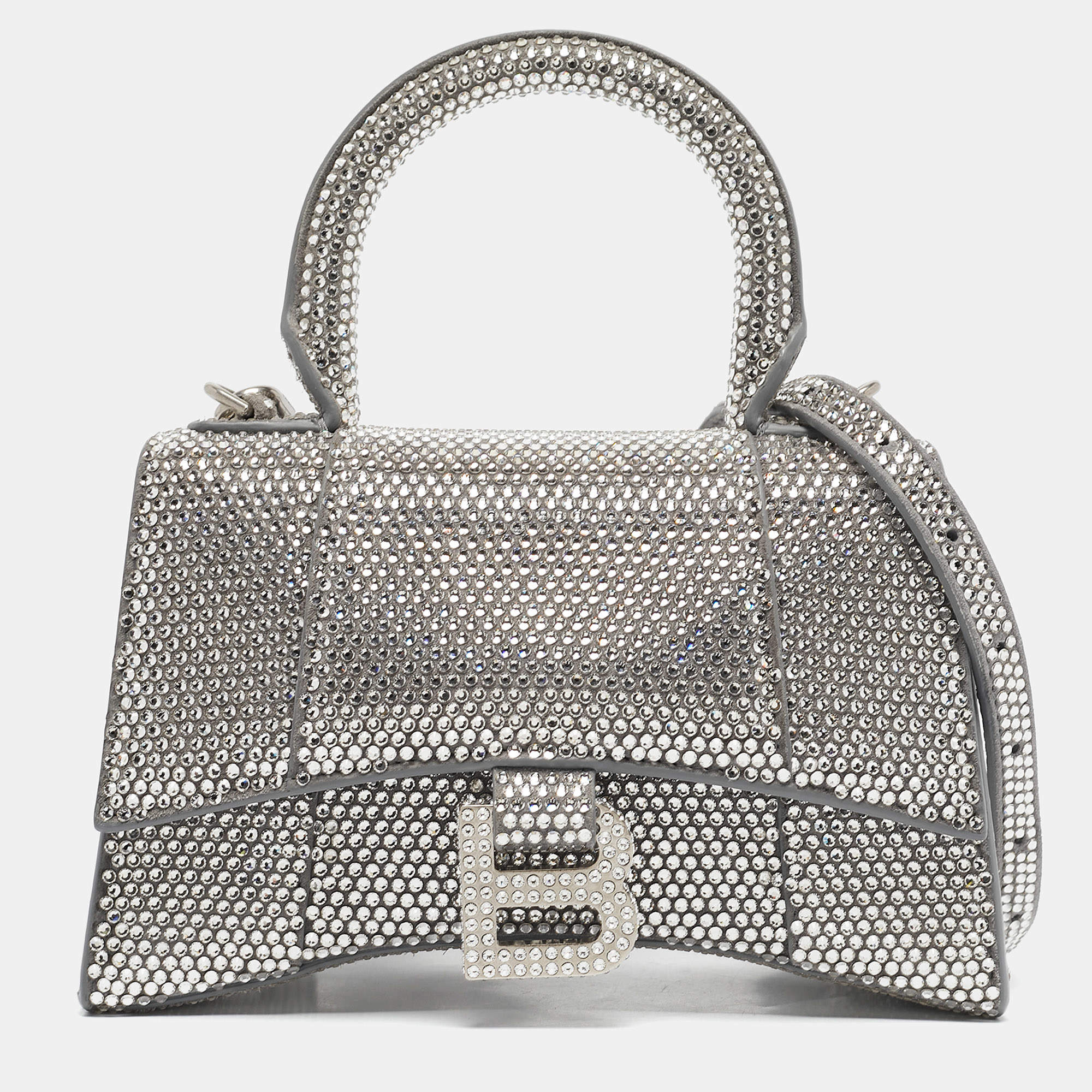 Pre Owned Balenciaga Silver Suede and Crystals  XS Hourglass Top Handle Bag