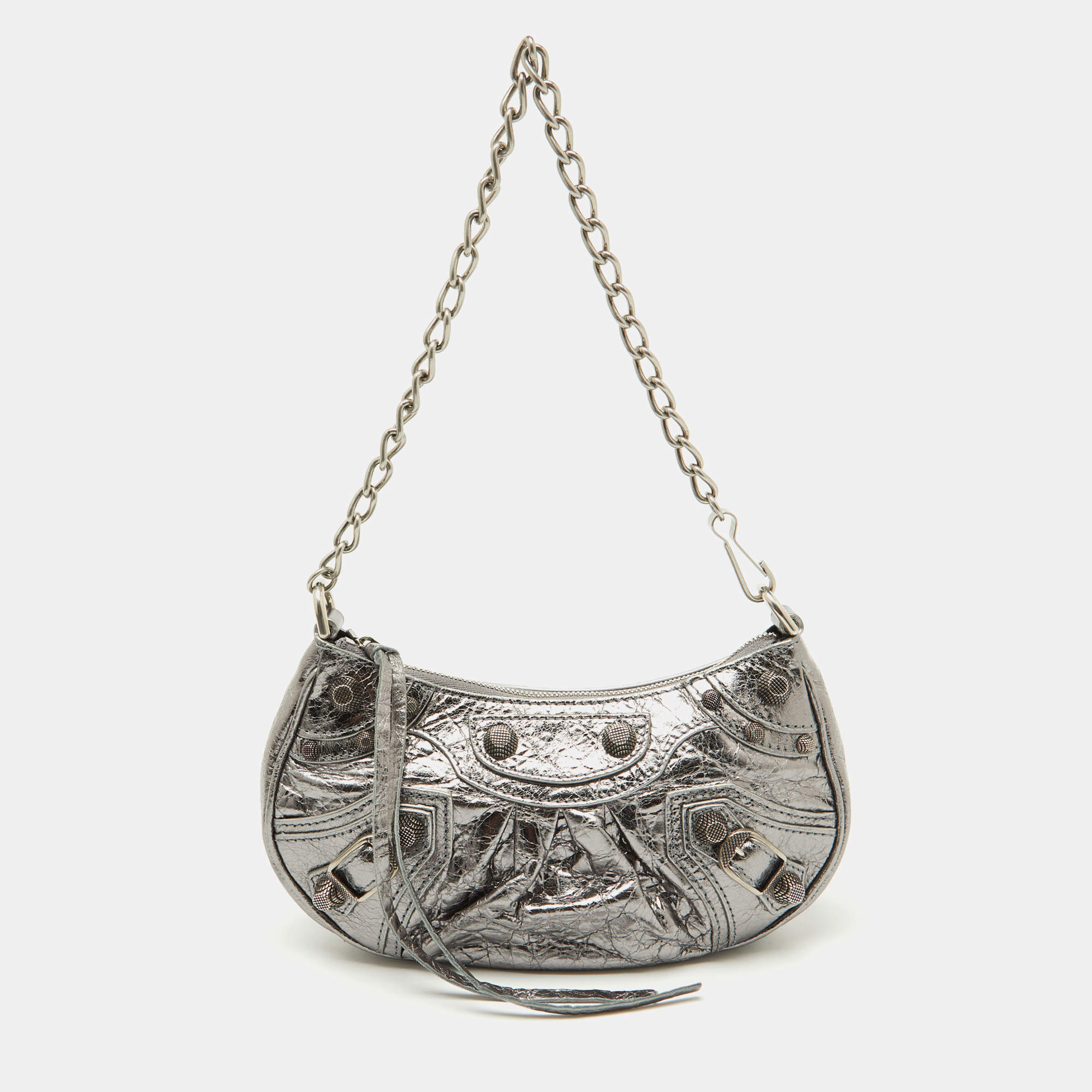 Pre Owned Balenciaga Silver Leather Mini Le Cagole Shoulder Bag