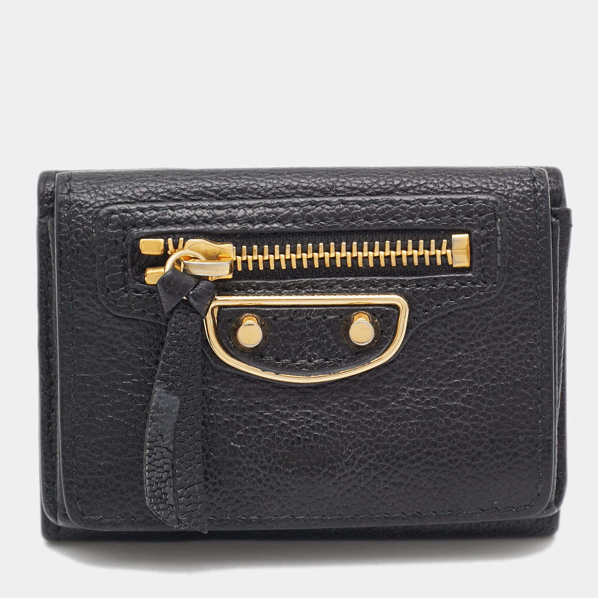 Pre Owned Balenciaga Black Leather Classic Metallic Edge Trifold Wallet