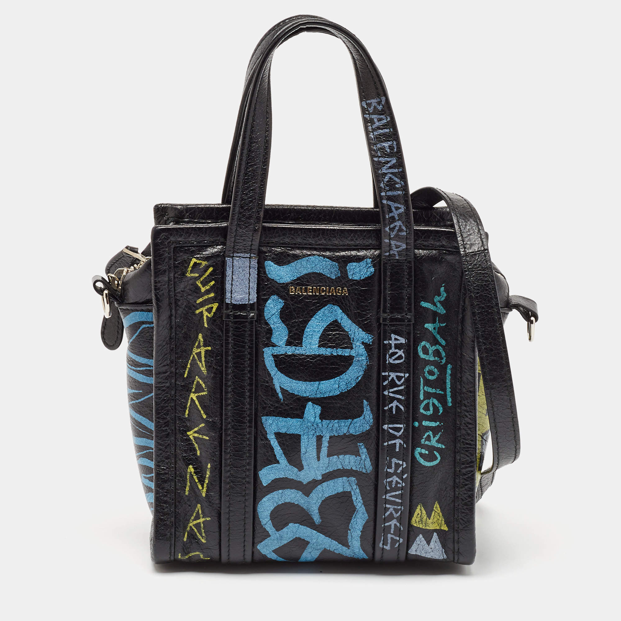 Pre Owned Balenciaga Black Graffiti Printed Leather Bazar Tote