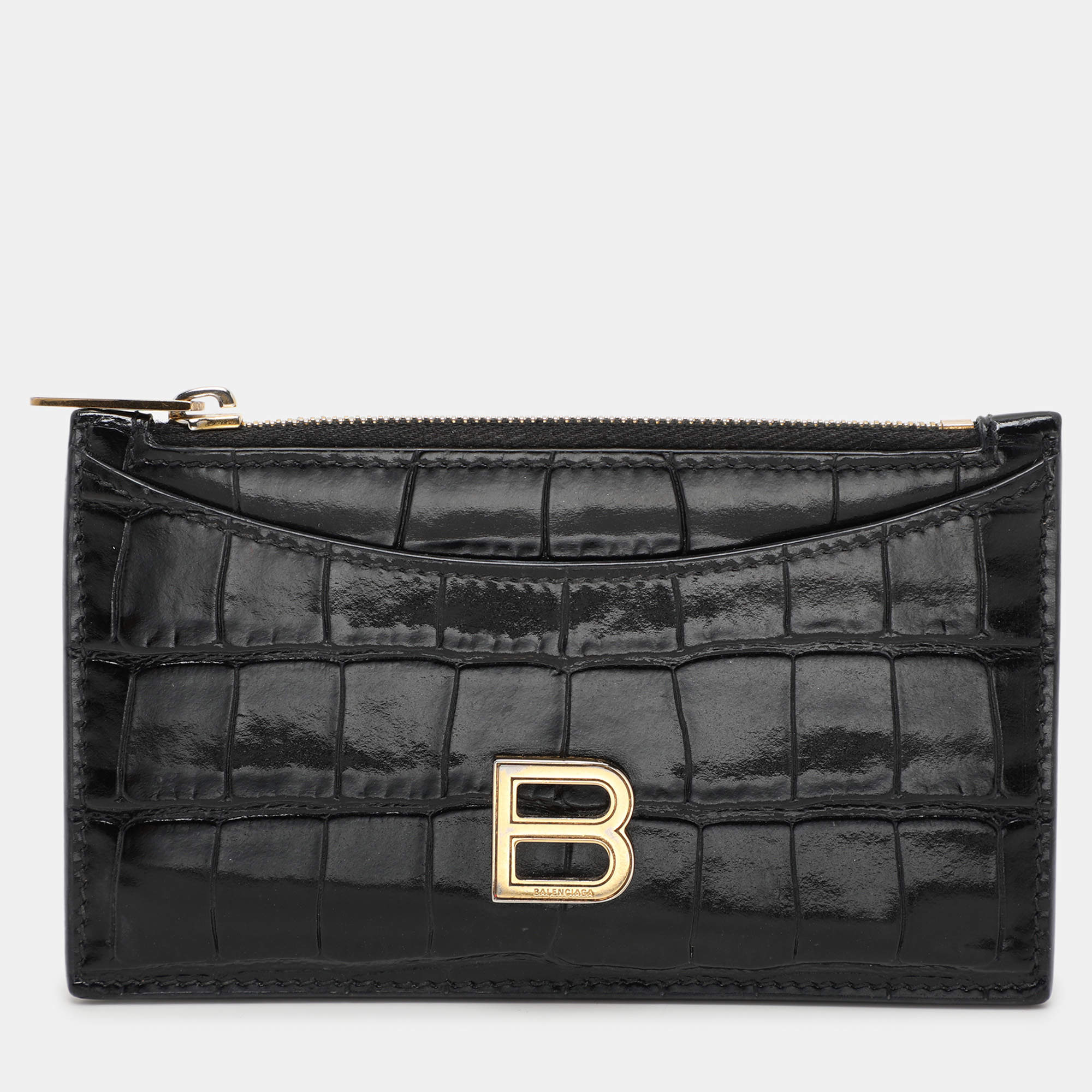 Balenciaga Black Croc Embossed Leather Hourglass Card Holder