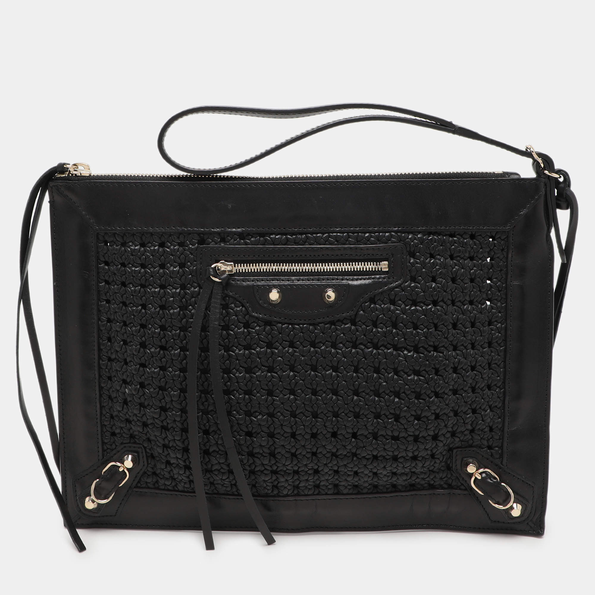 Pre Owned Balenciaga Black Leather Crochet Motorcycle Clutch