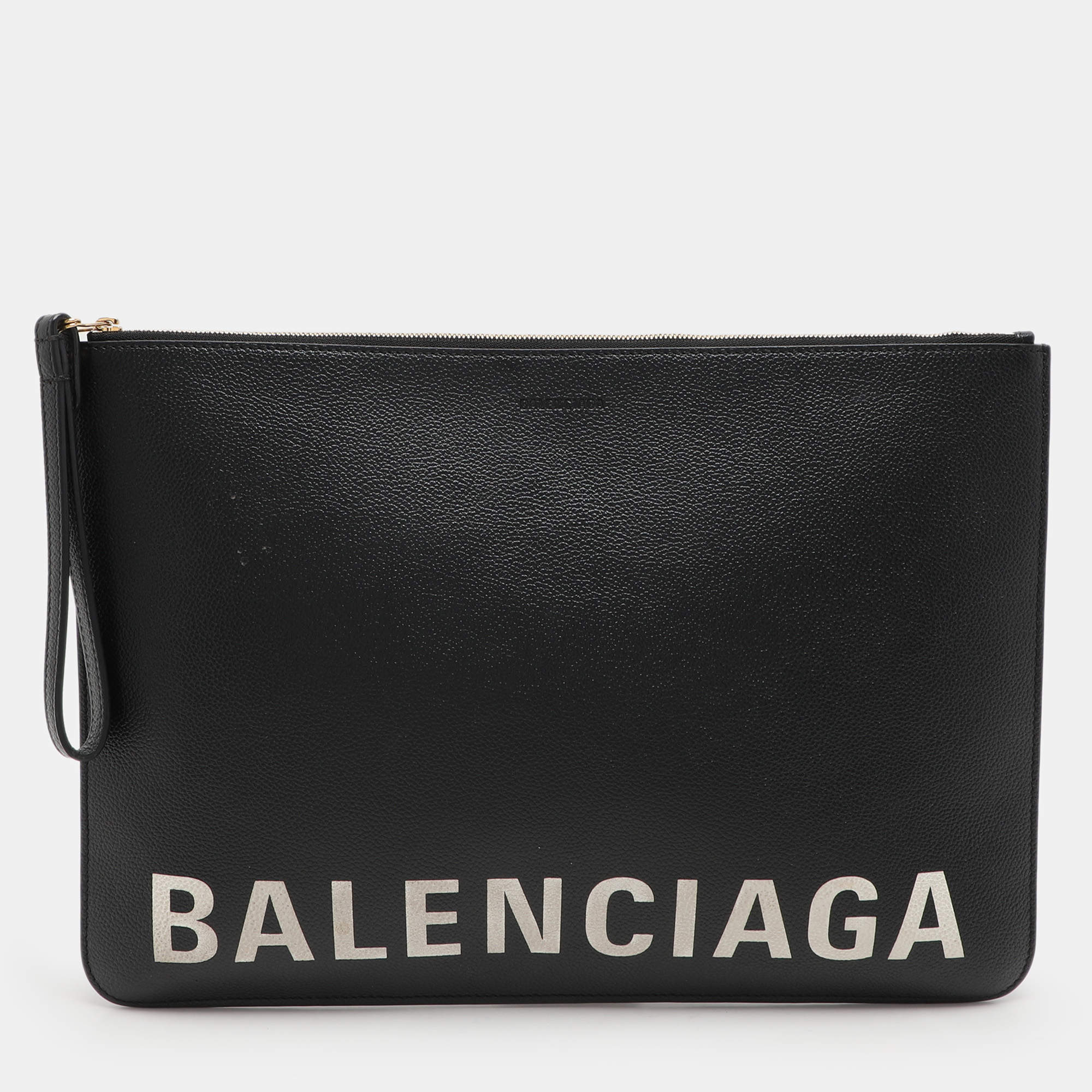 Pre Owned Balenciaga Black Leather Ville Logo Pouch