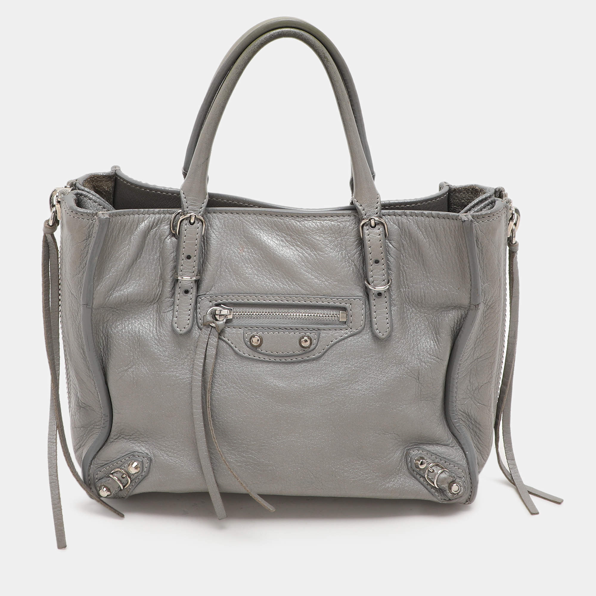 Pre Owned Balenciaga Grey Leather Mini Papier A4 Zip Around Bag