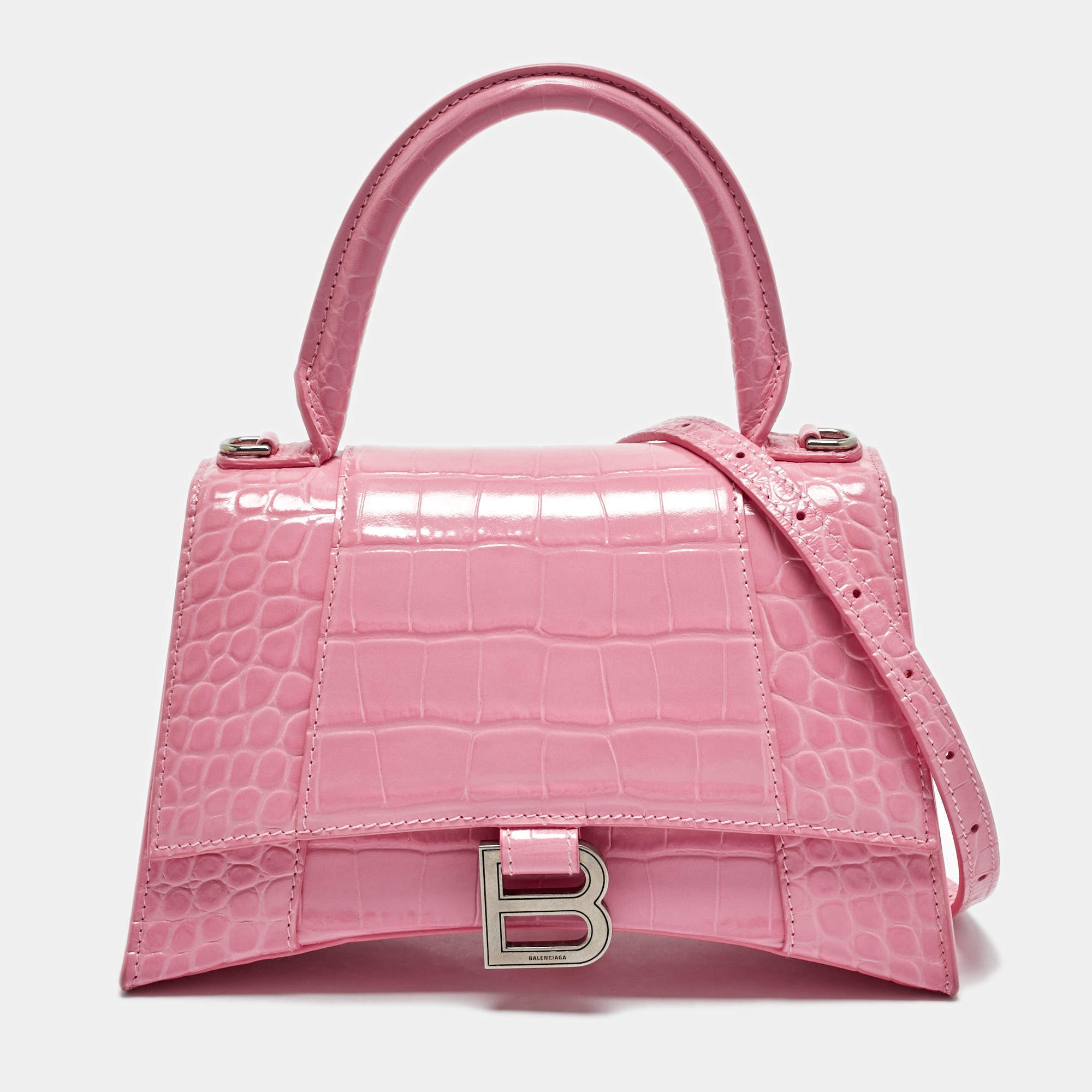 Pre Owned Balenciaga Pink Croc Embossed Leather Small Hourglass Top Handle Bag