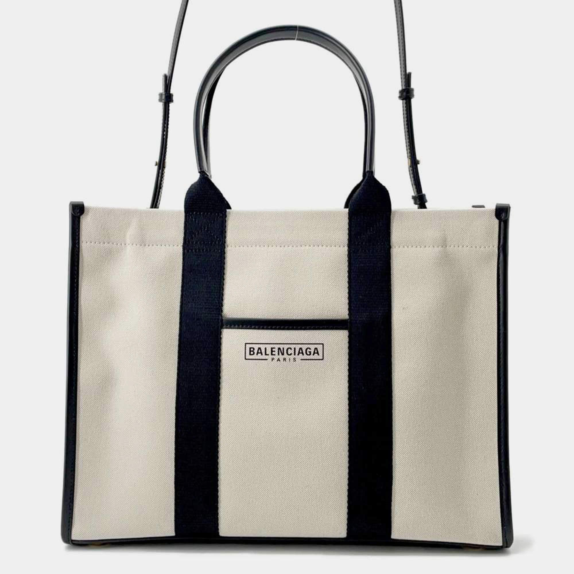 Pre Owned Balenciaga Black/White Canvas Leather Tote Bag 