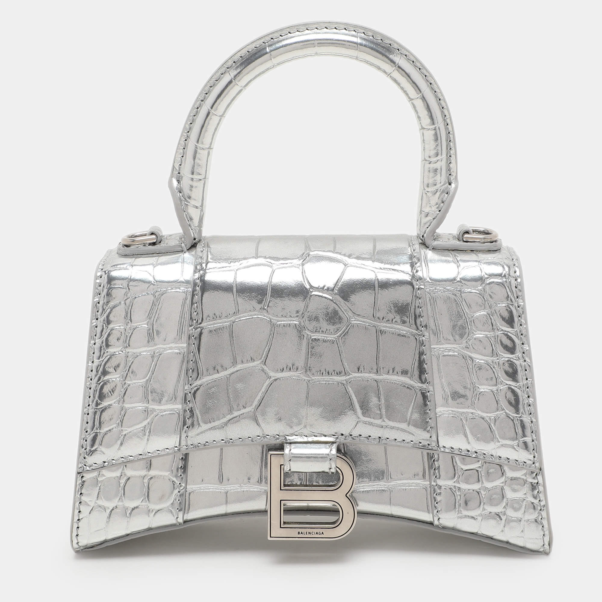 Pre Owned Balenciaga Silver Croc Embossed Leather Hourglass Top Handle Bag