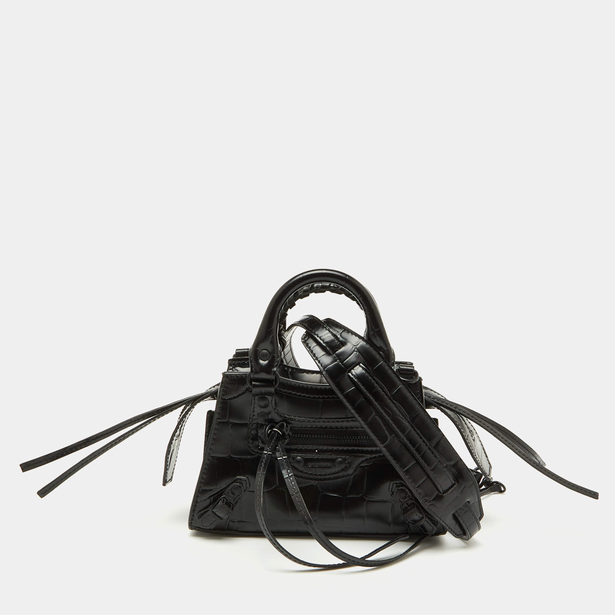Balenciaga Black Croc Embossed Leather Neo Classic Nano City Bag