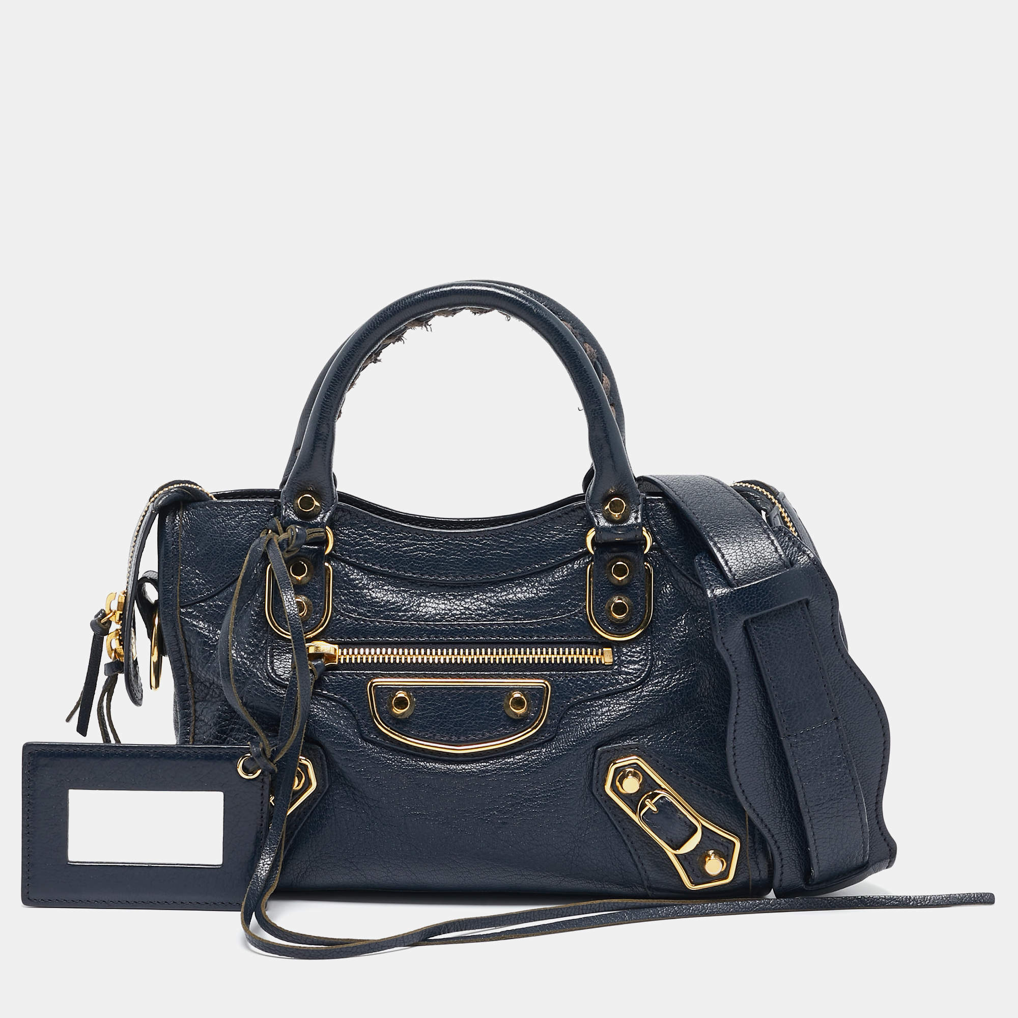 Pre Owned Balenciaga Navy Blue Leather Mini Metallic Edge City Tote